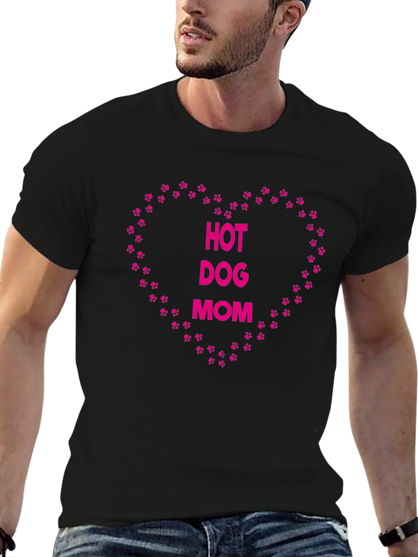 Hot Dog Mom Pink Paw Print Heart T-Shirt