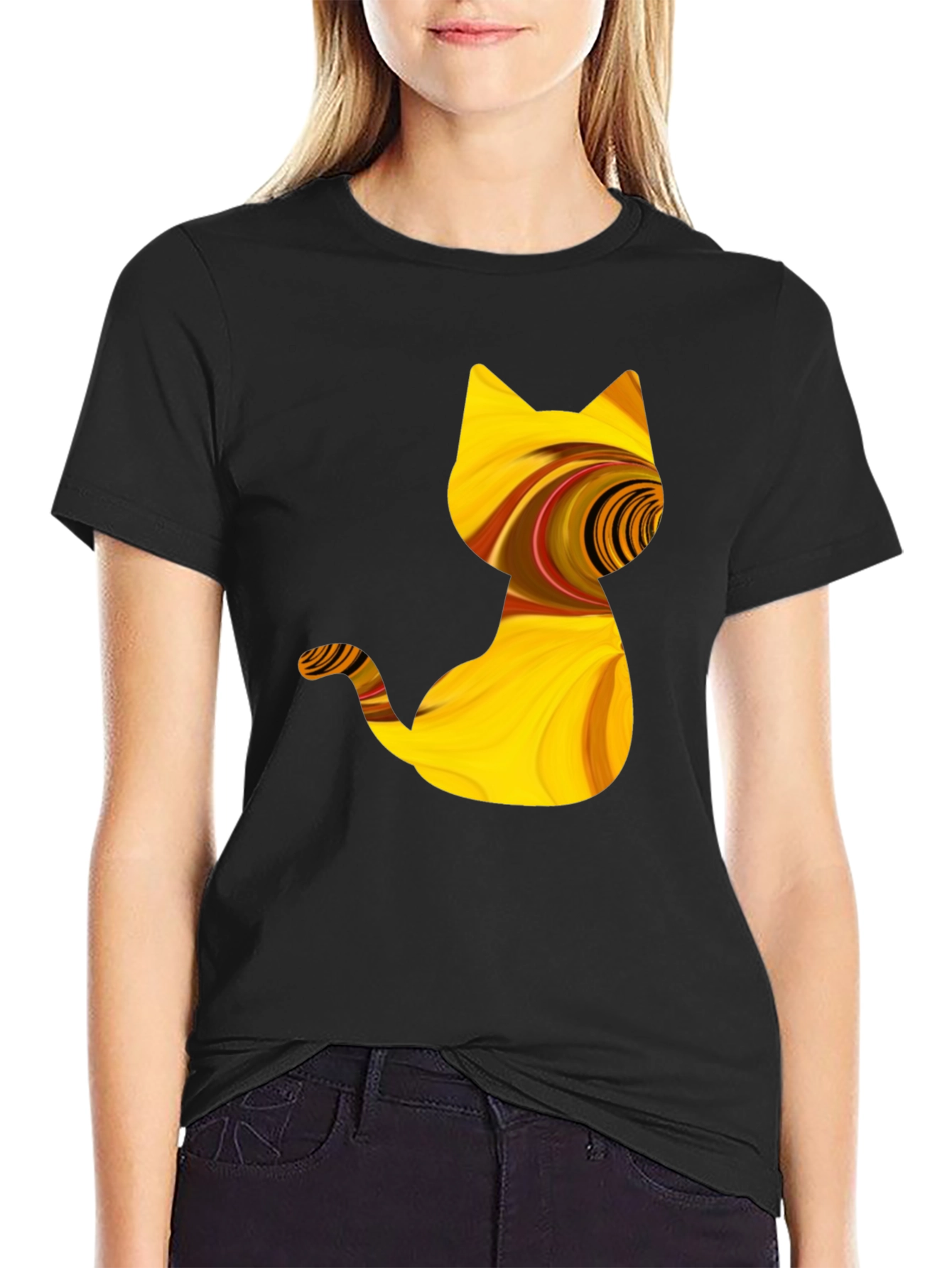 Abstract Cat Graphic Tee - Stylish Black T-Shirt