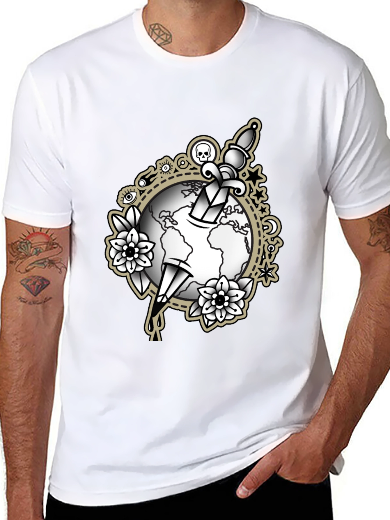 Black Tee with Dagger & Globe Graphic