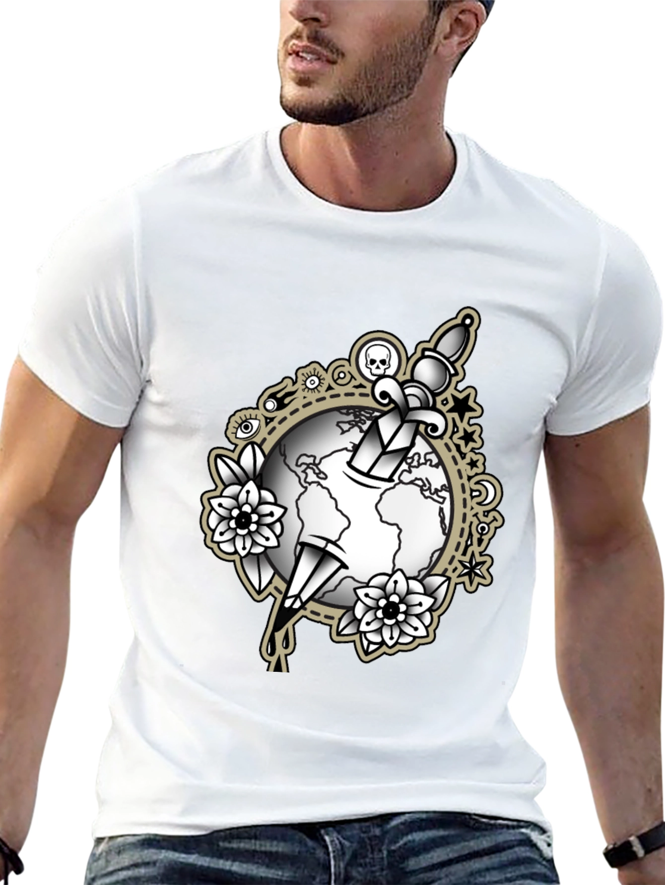 Black Tee with Dagger & Globe Graphic