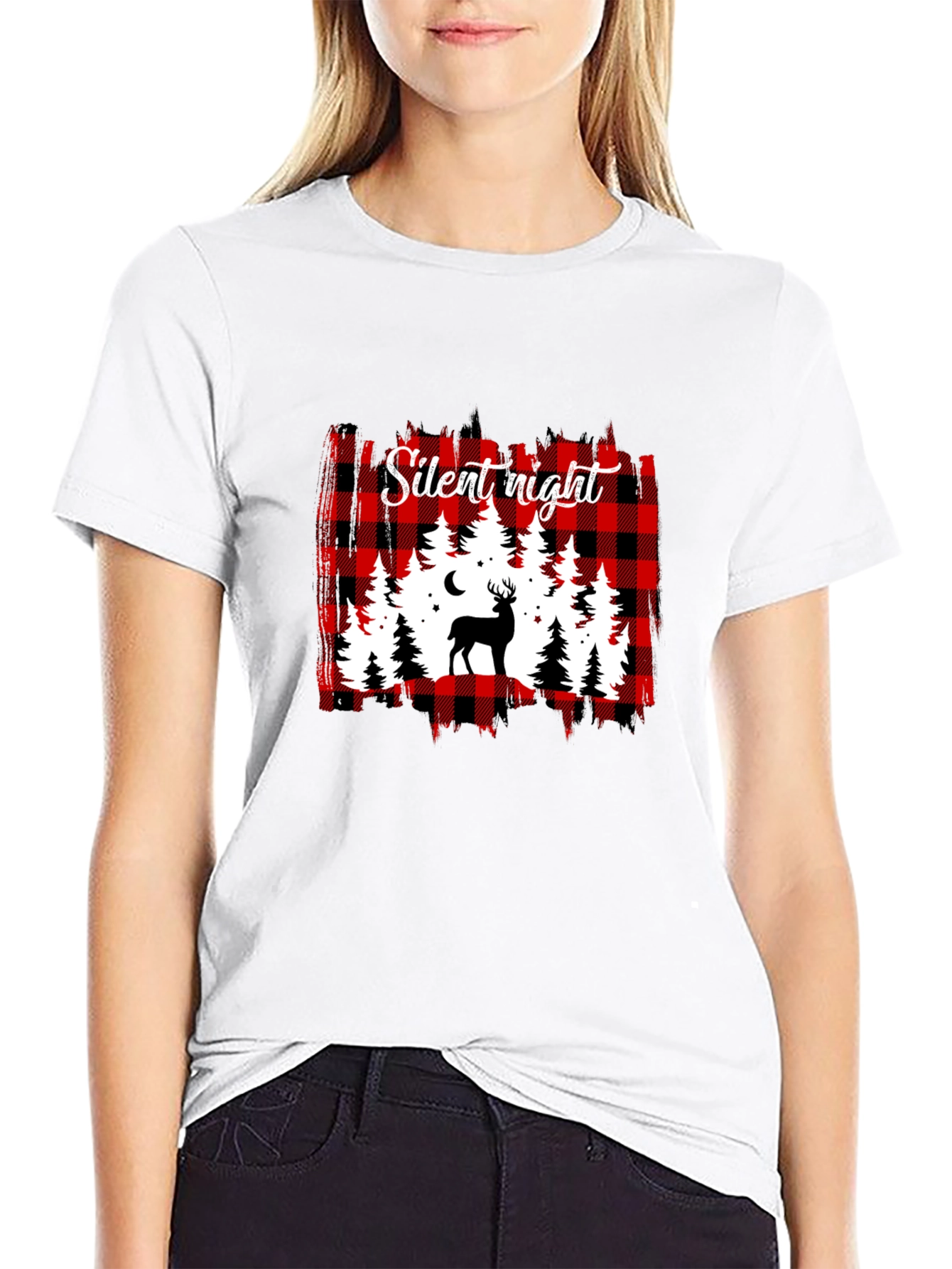 Silent Night Buffalo Plaid Deer T-Shirt