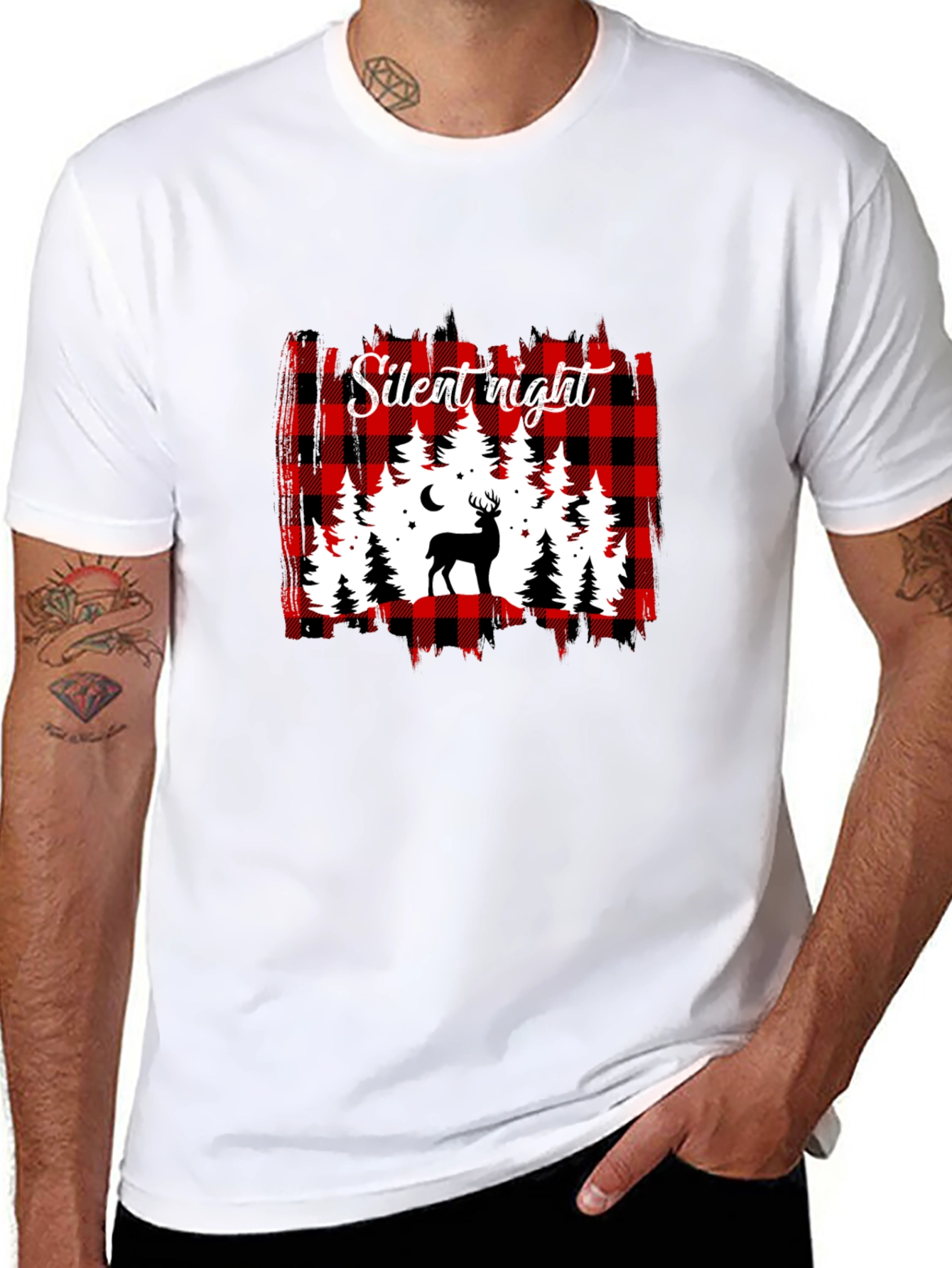 Silent Night Buffalo Plaid Deer T-Shirt