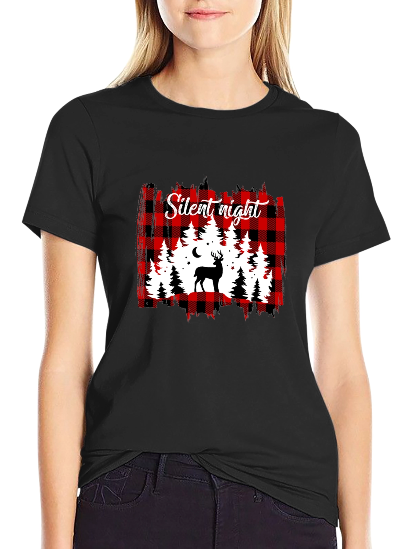 Silent Night Buffalo Plaid Deer T-Shirt