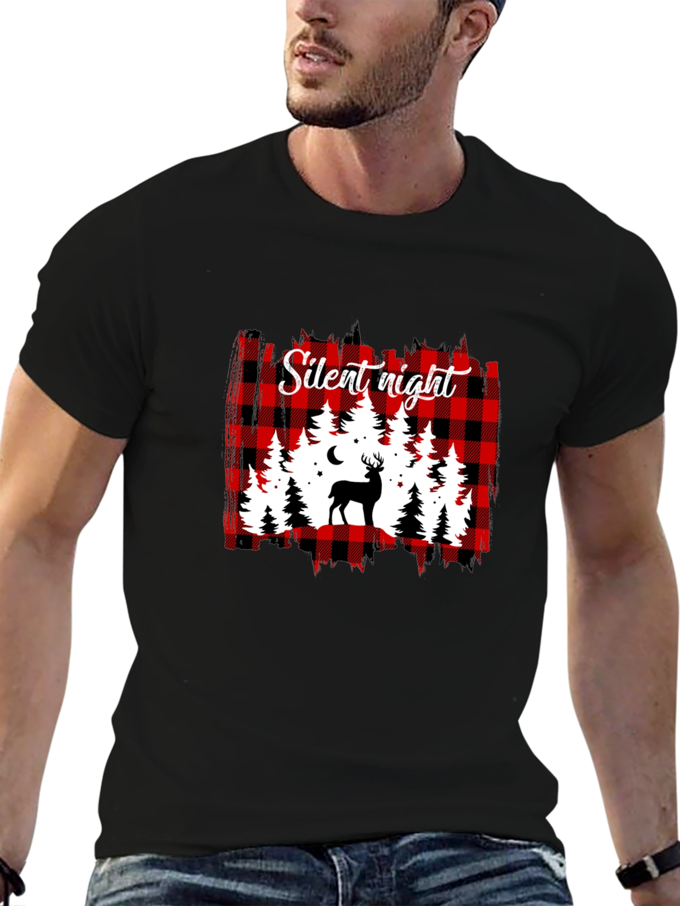Silent Night Buffalo Plaid Deer T-Shirt