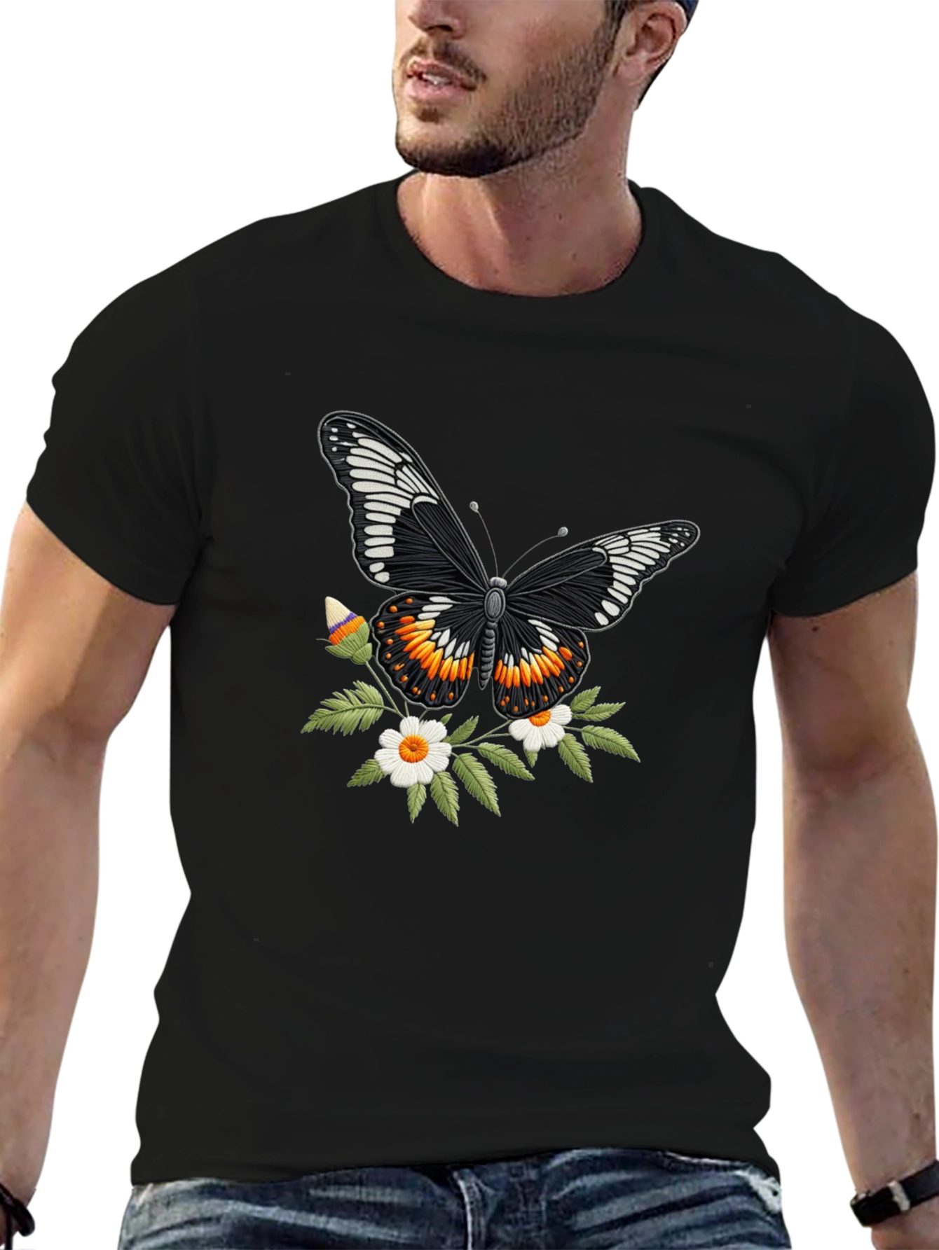 Butterfly Floral T-Shirt - Stylish Black Tee
