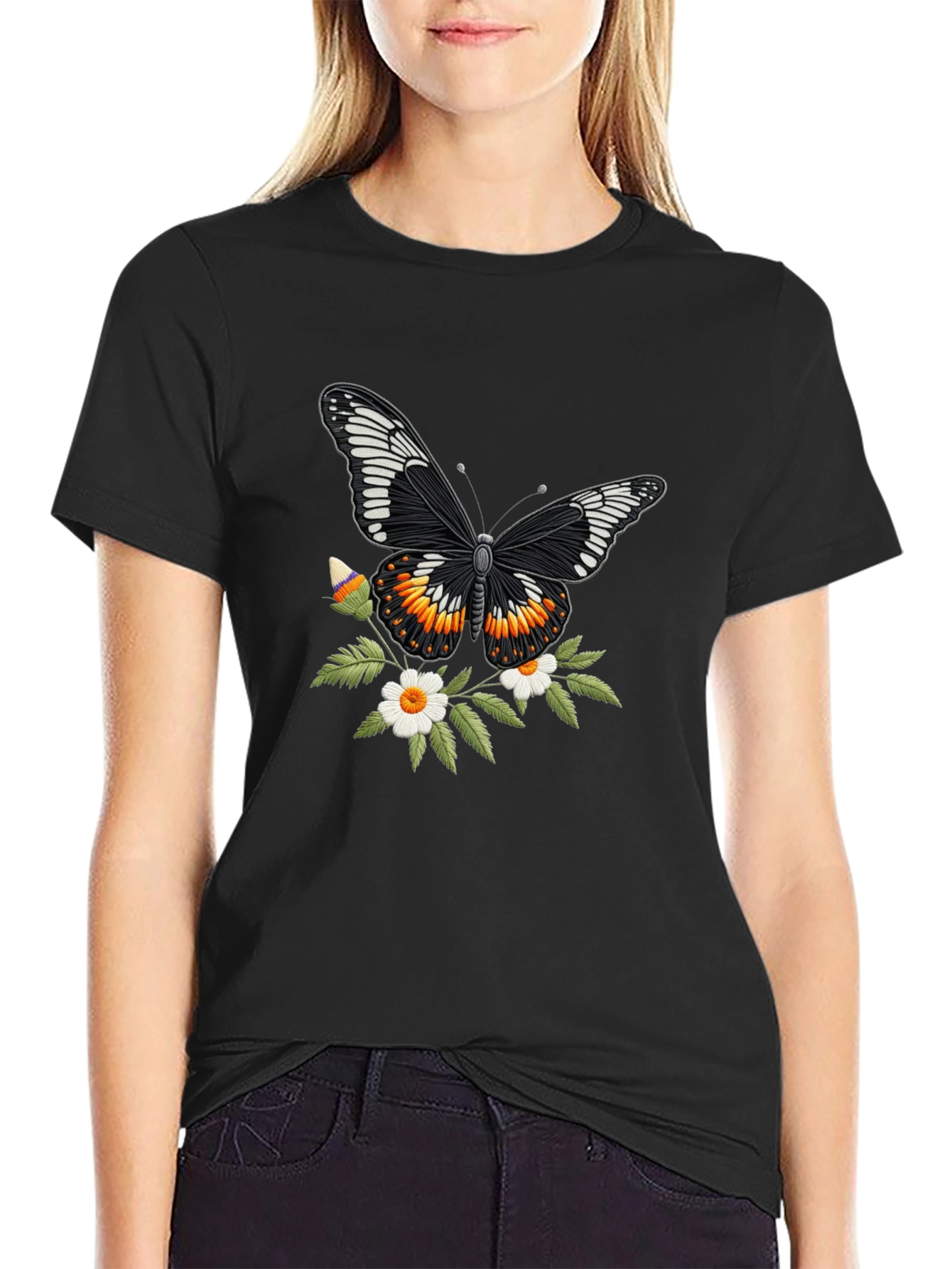 Butterfly Floral T-Shirt - Stylish Black Tee