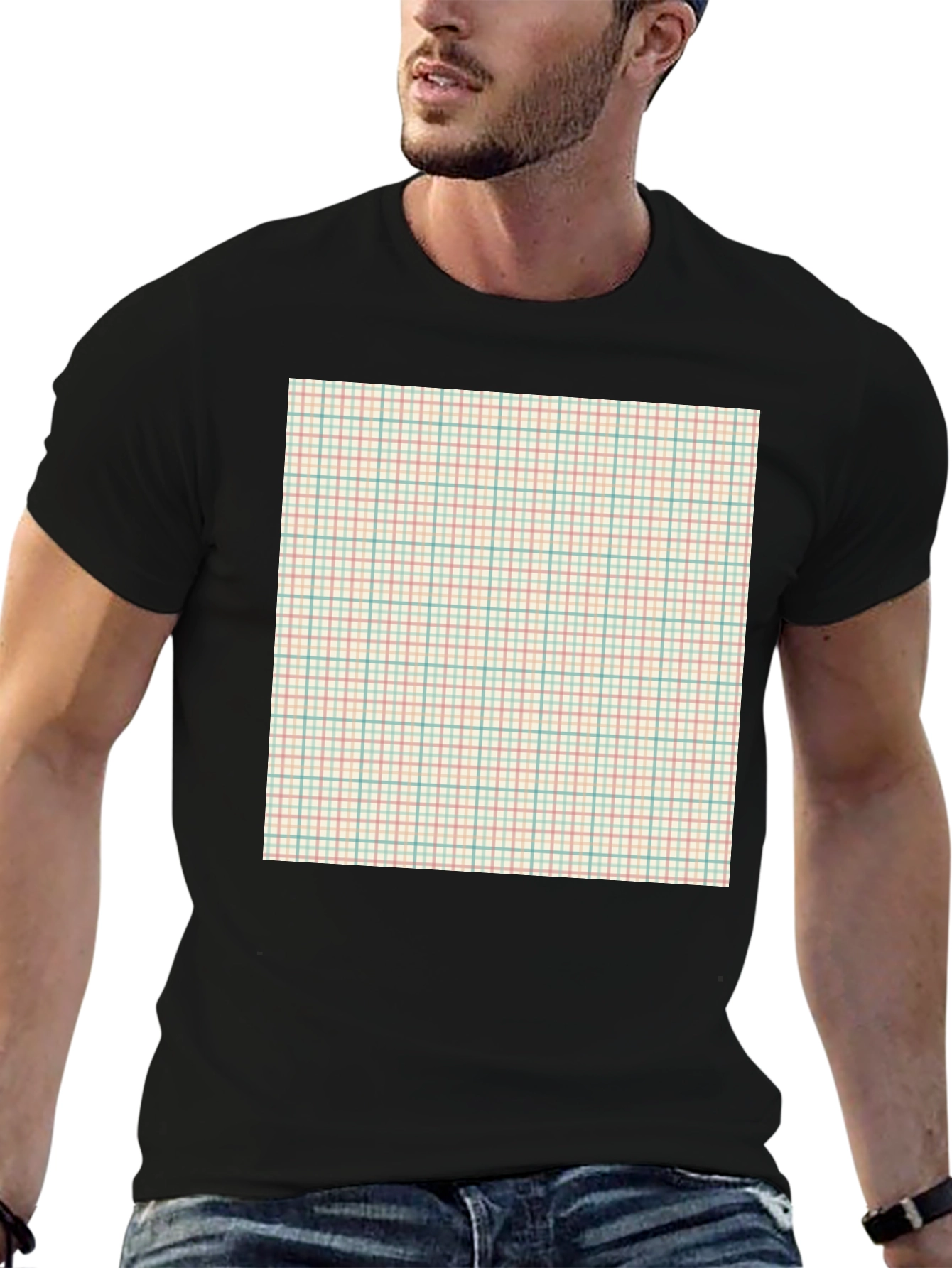 Trendy Black T-Shirt with Plaid Design
