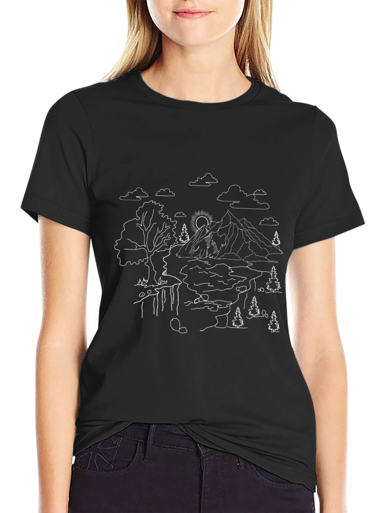 Nature Line Art Tee - Black Cotton Casual Shirt