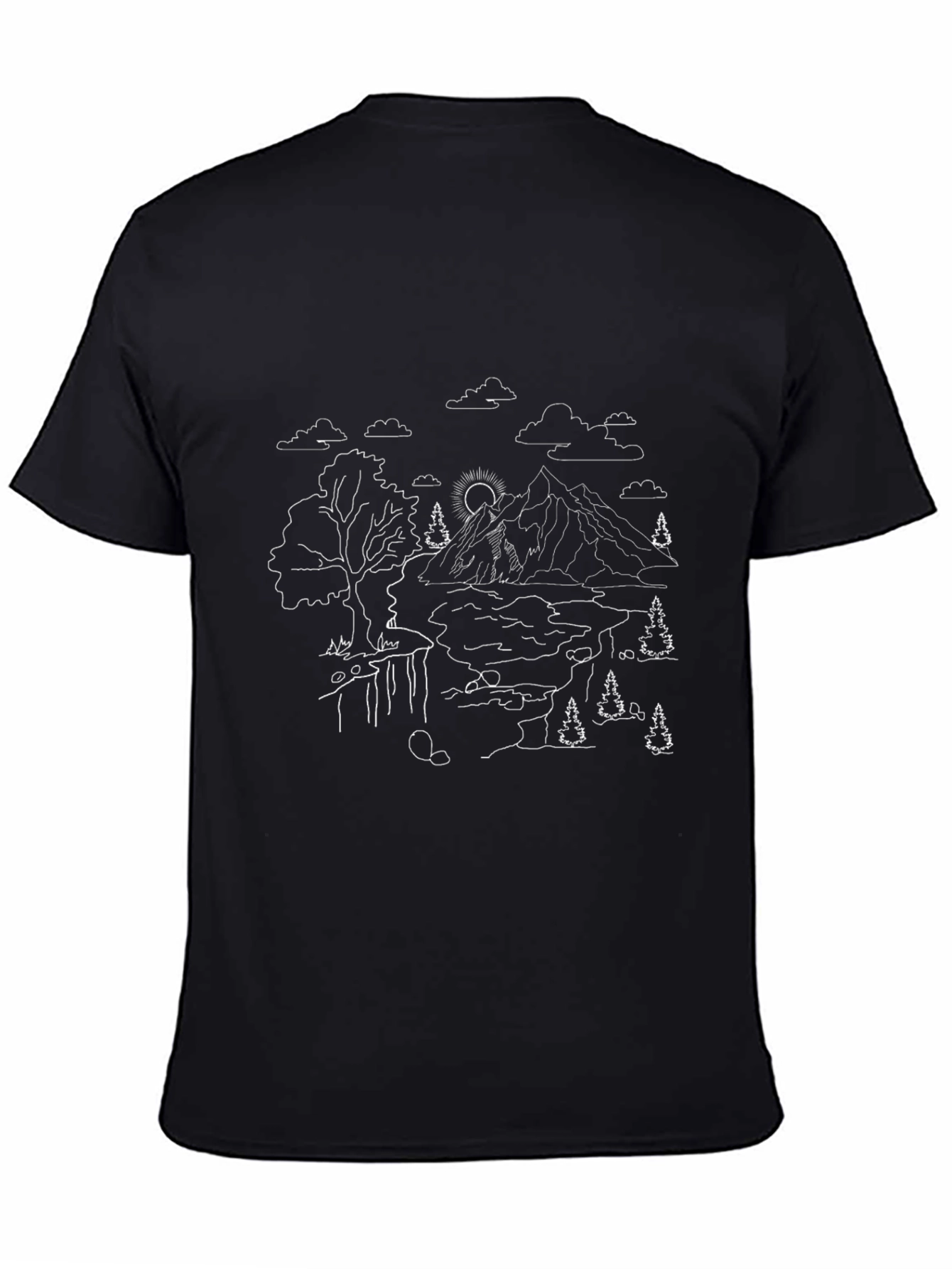 Nature Line Art Tee - Black Cotton Casual Shirt