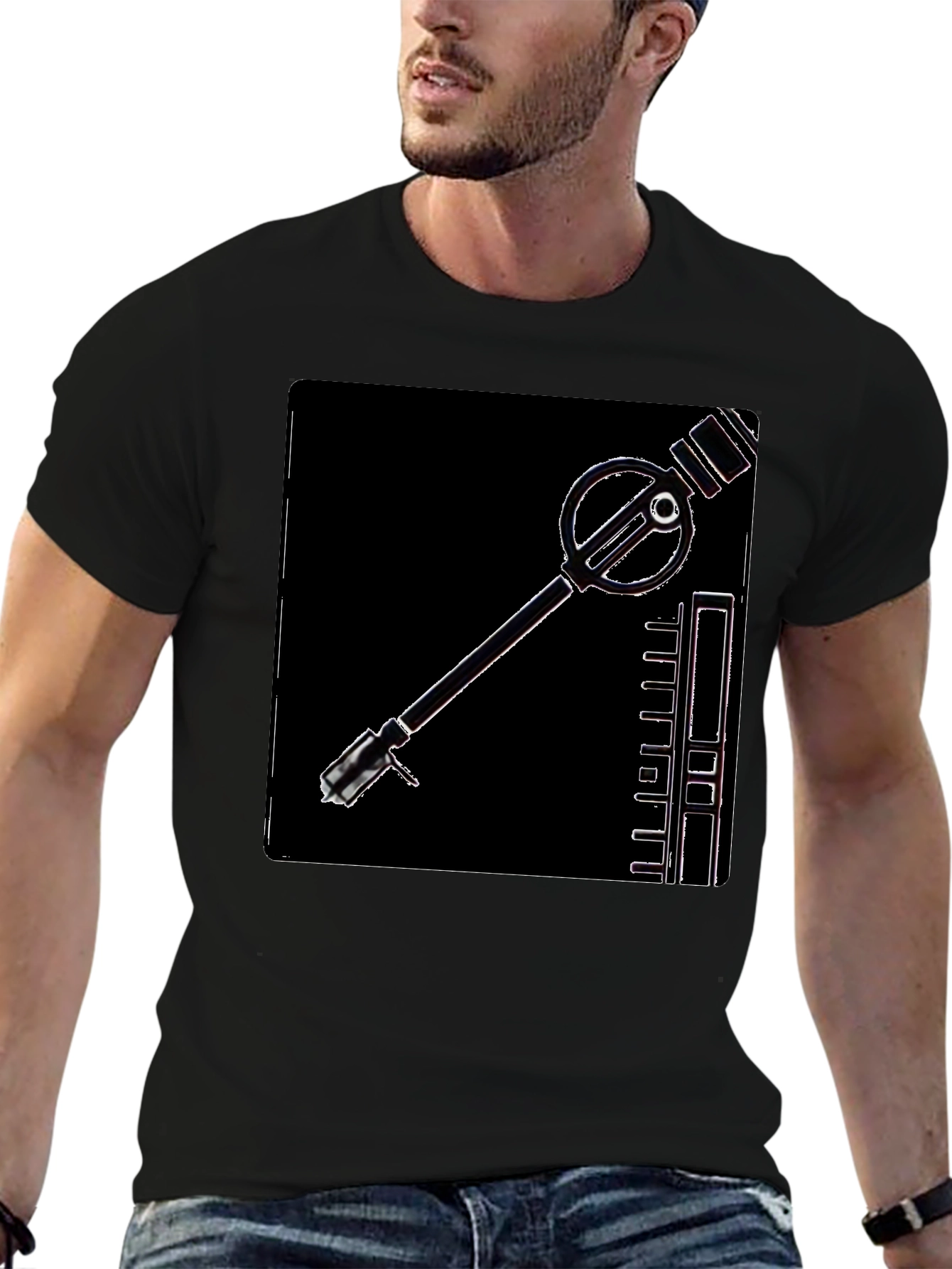 Retro Sci-Fi Gadget Graphic Tee - Black Cotton T-Shirt