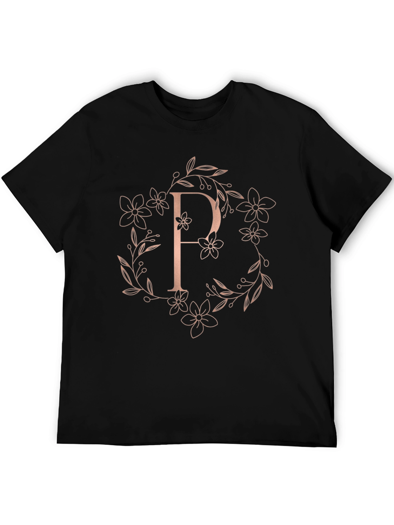 Elegant Floral P Letter Black T-Shirt