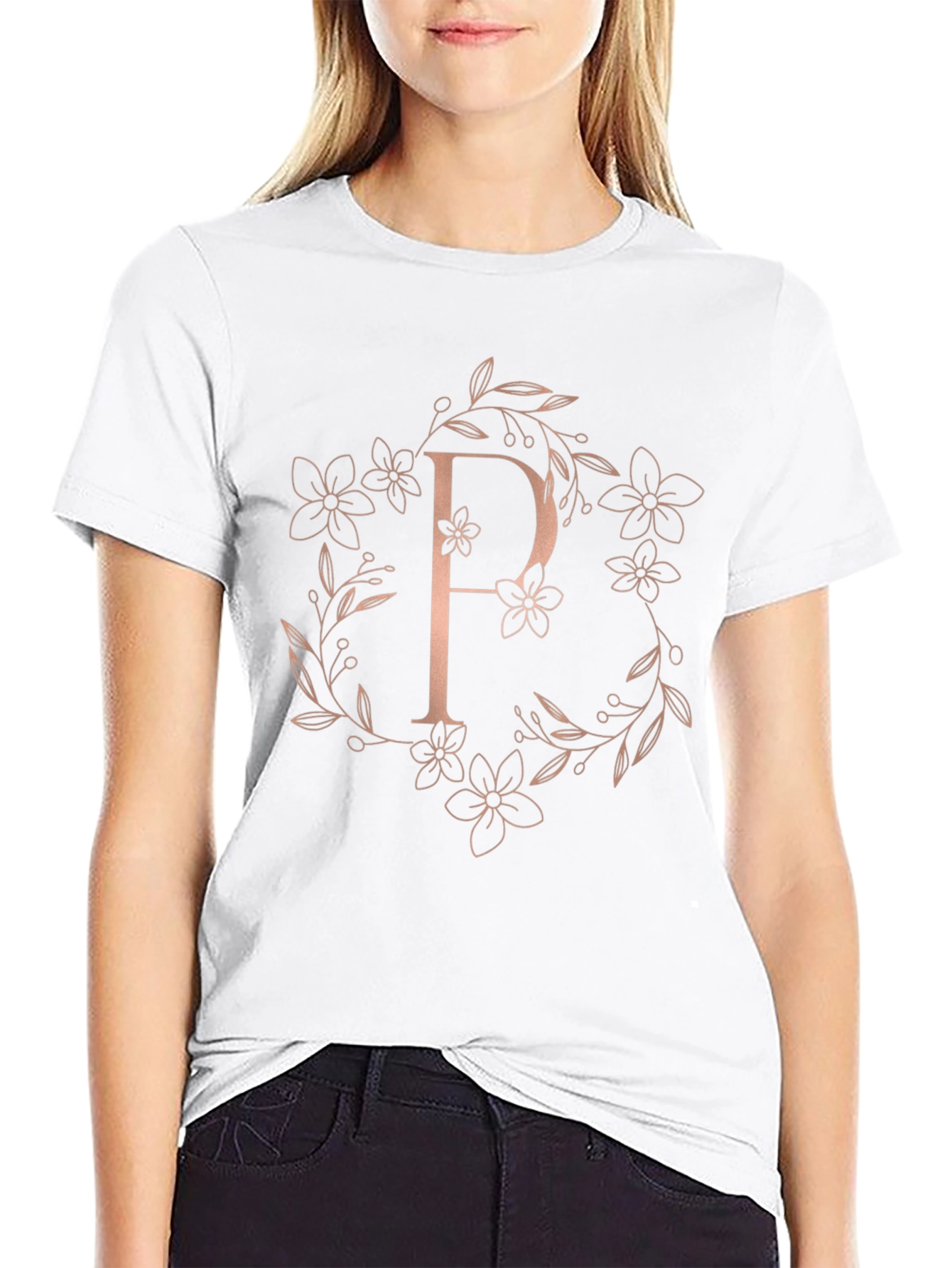 Elegant Floral P Letter Black T-Shirt