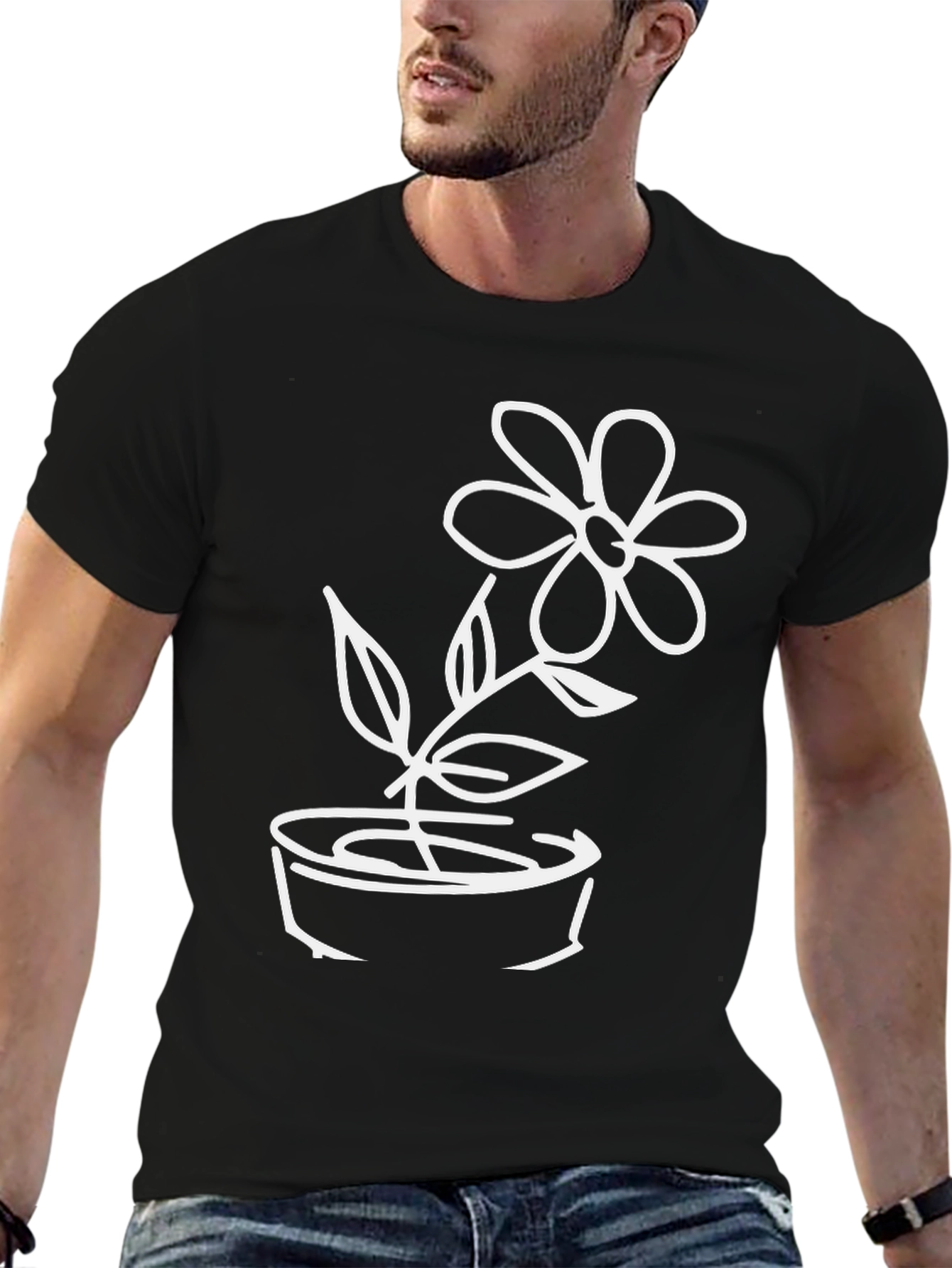 Black T-Shirt with Flower Pot Graphic