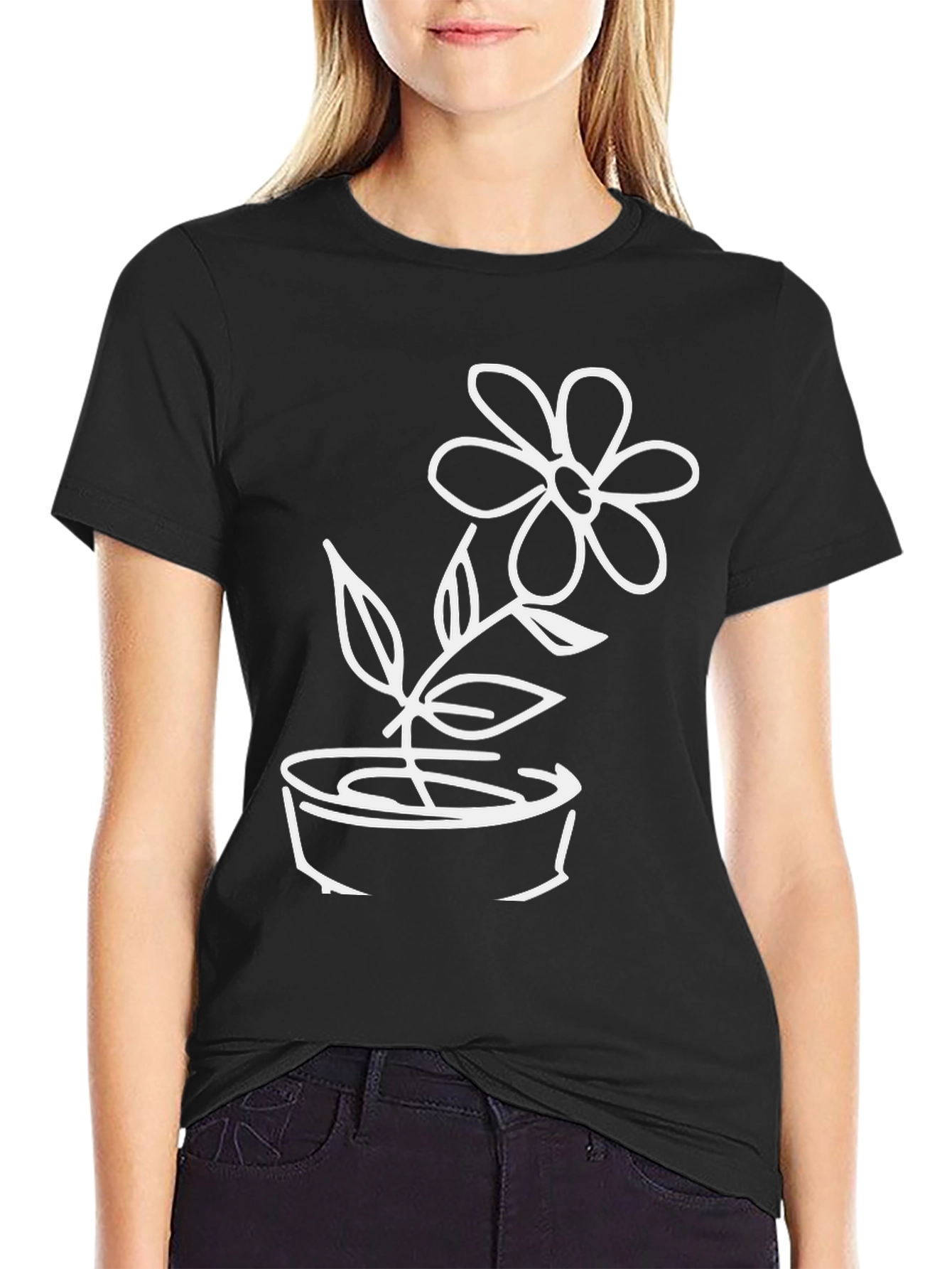 Black T-Shirt with Flower Pot Graphic