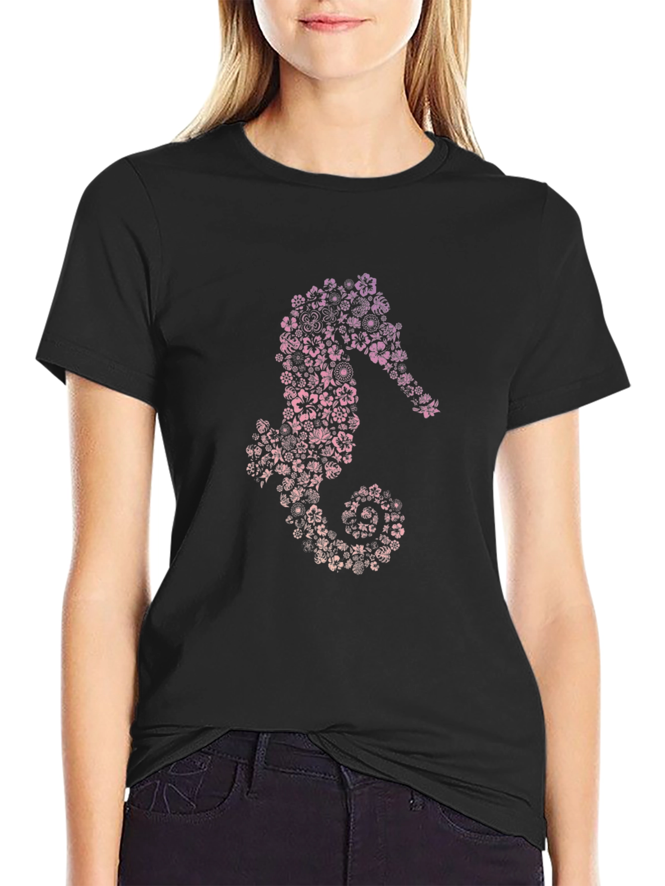 Floral Seahorse Graphic Tee - Unique Design