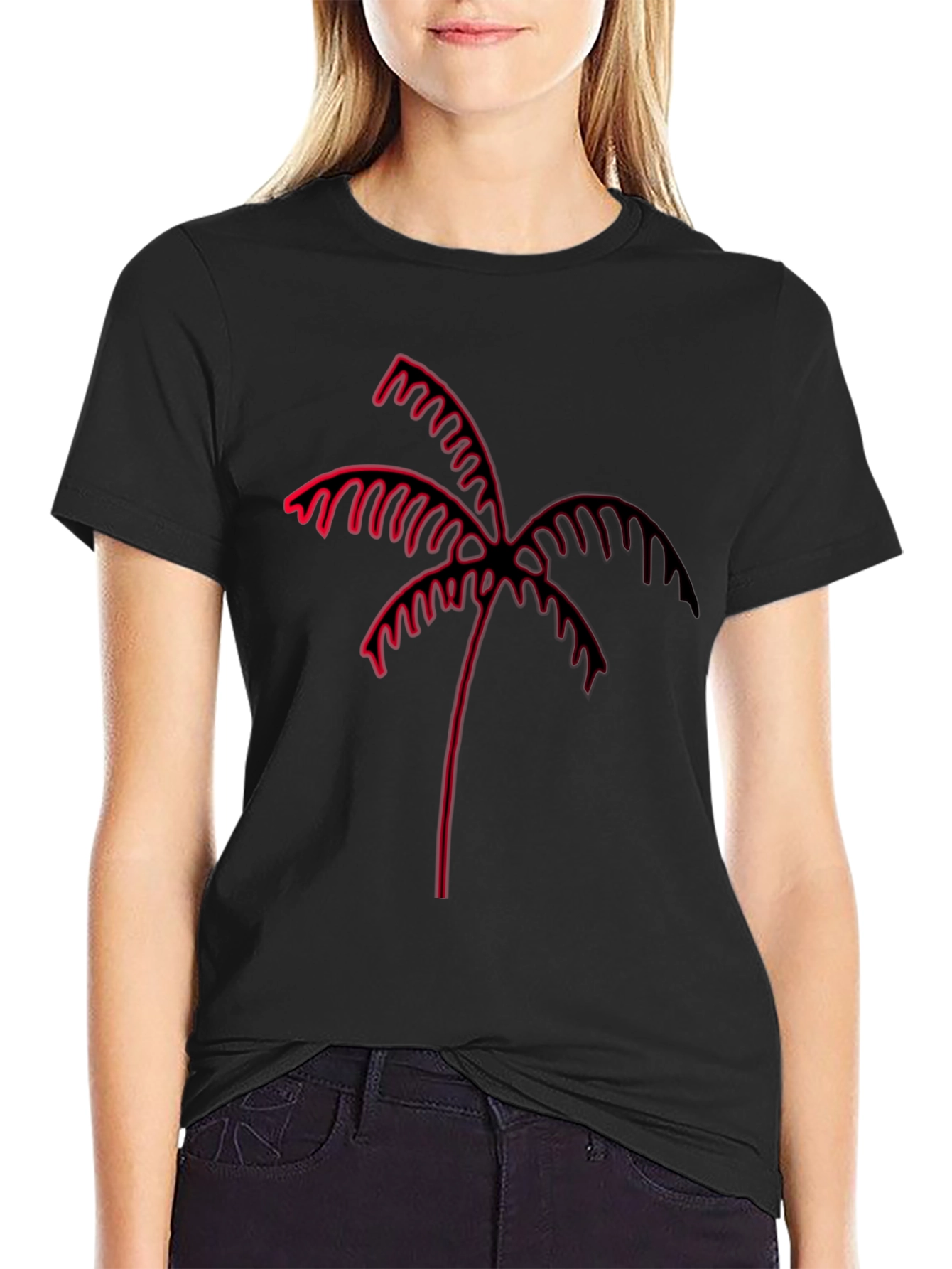 Black Tee with Red Neon Palm Tree Graphic