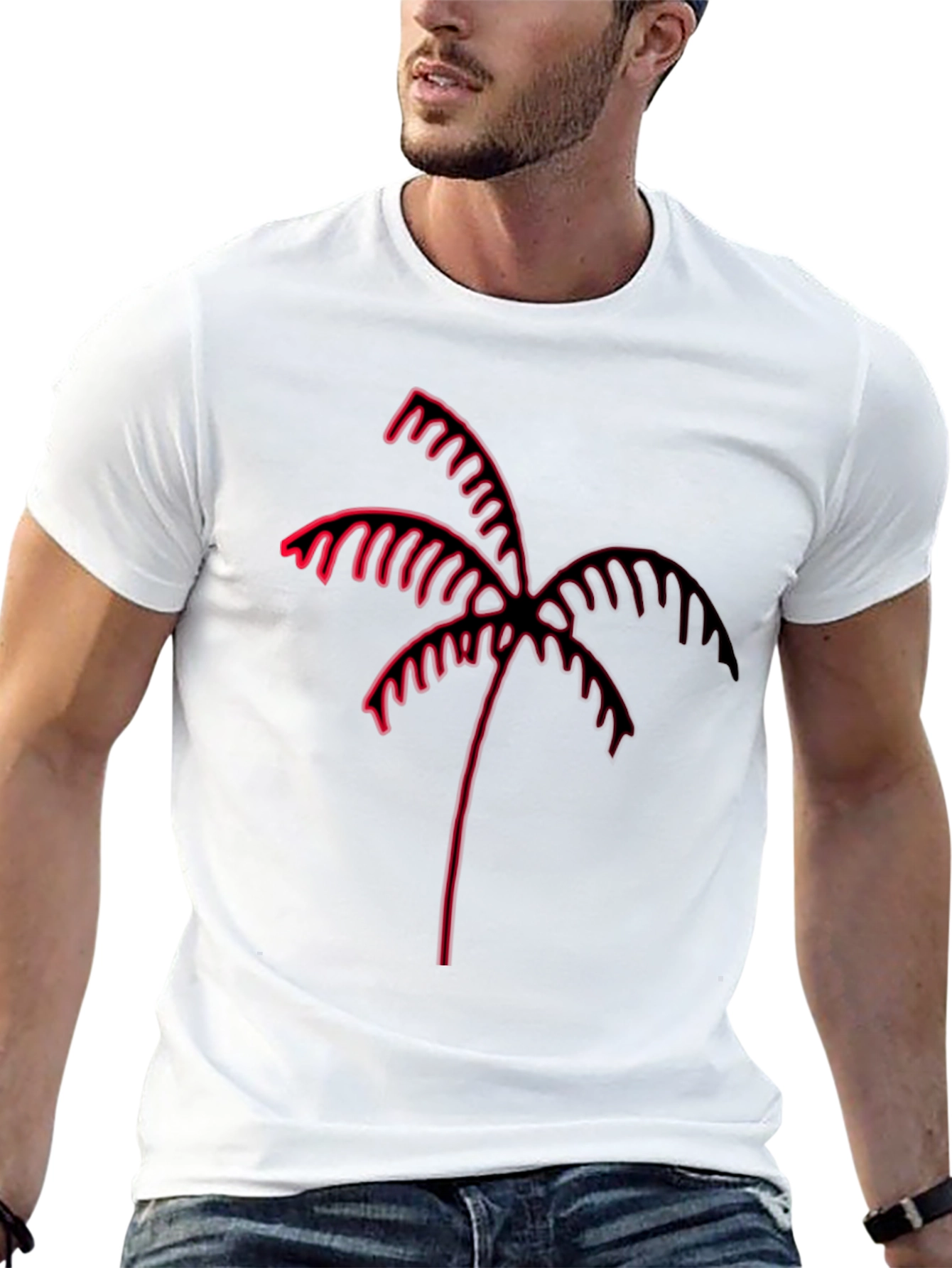 Black Tee with Red Neon Palm Tree Graphic