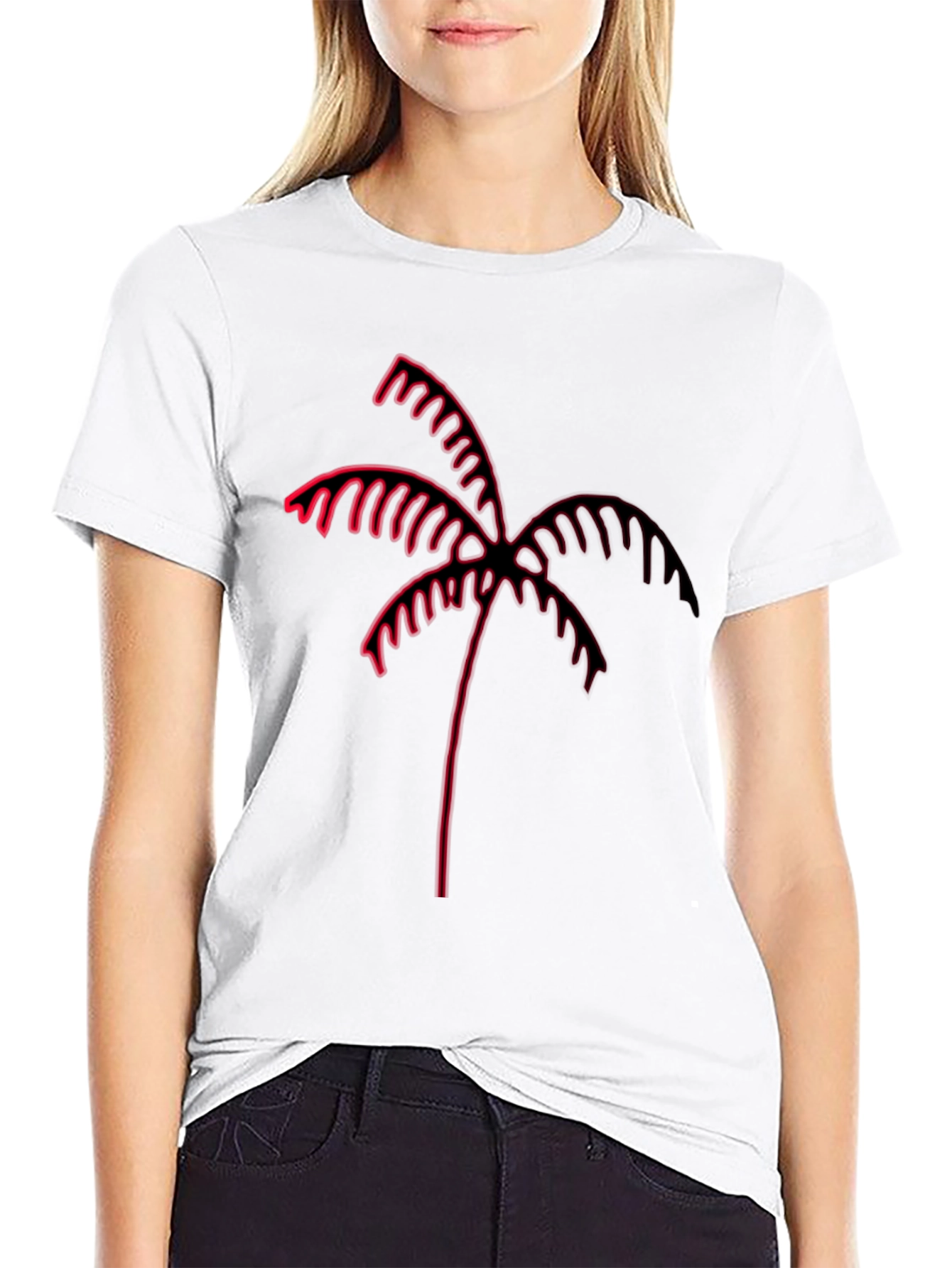 Black Tee with Red Neon Palm Tree Graphic