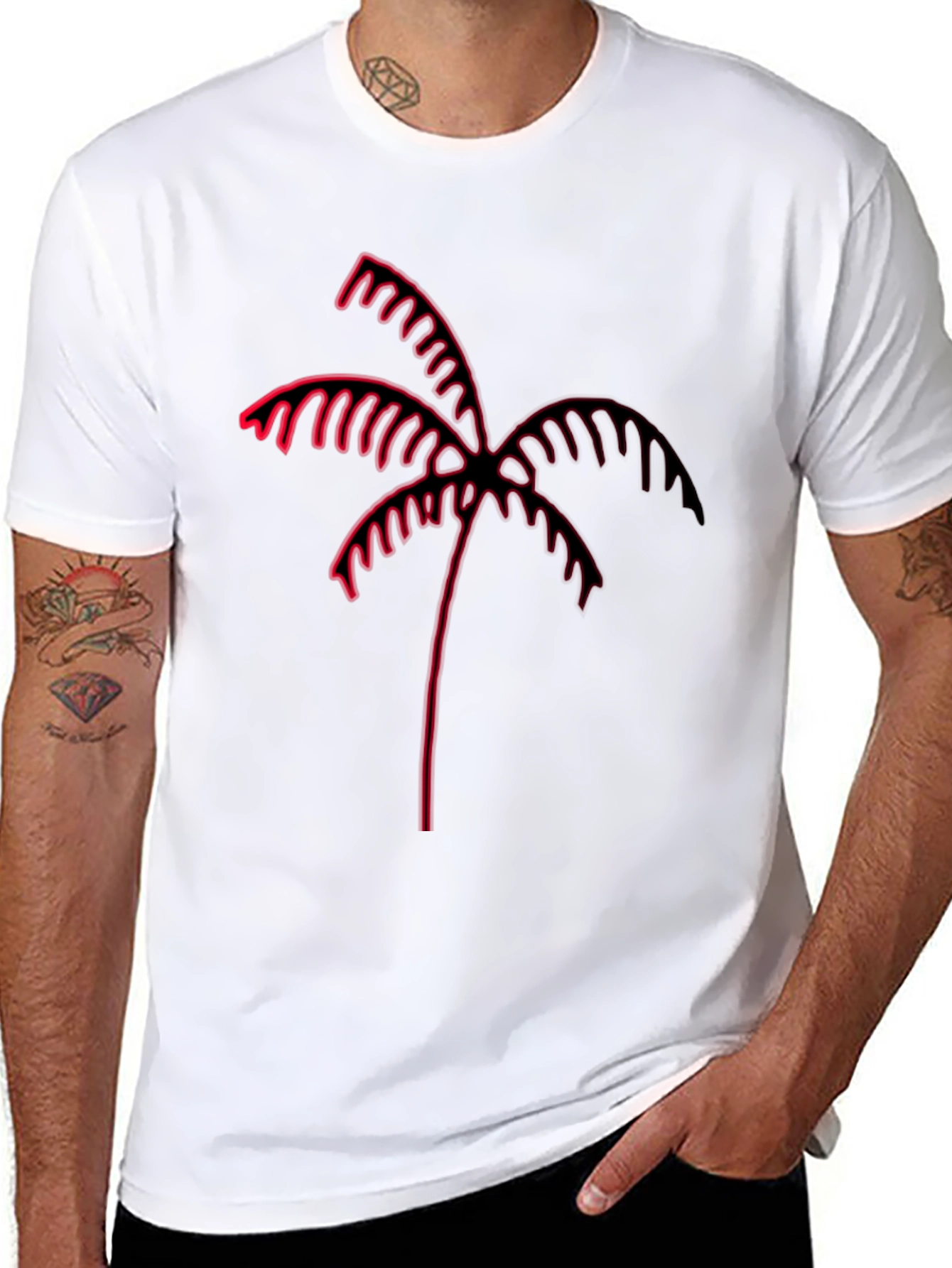 Black Tee with Red Neon Palm Tree Graphic