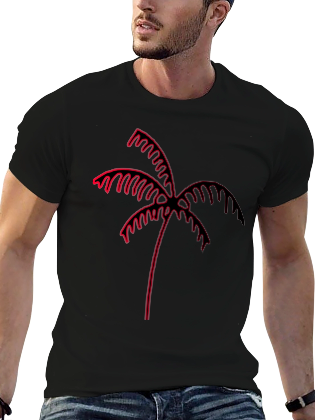 Black Tee with Red Neon Palm Tree Graphic