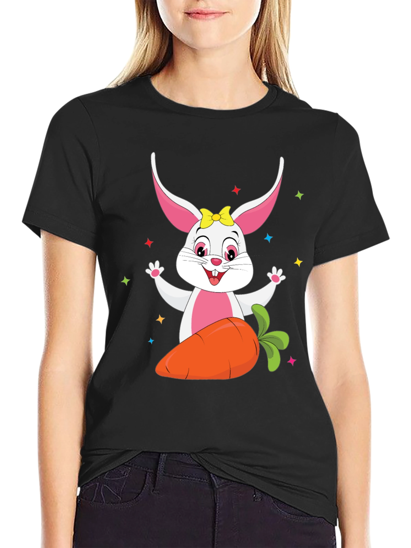 Cute Easter Bunny with Carrot Black T-Shirt