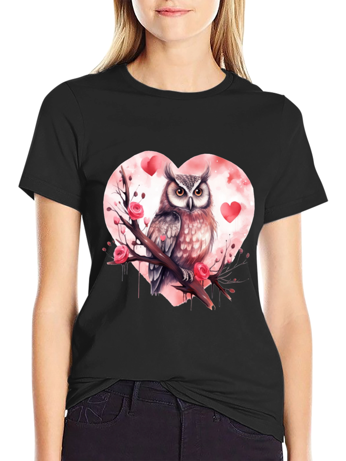 Owl Valentines Day T-Shirt - Black