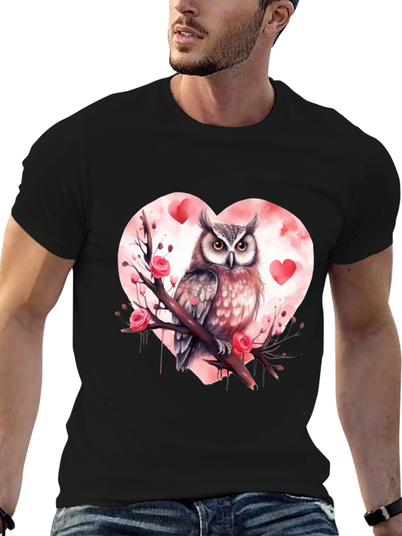 Owl Valentines Day T-Shirt - Black