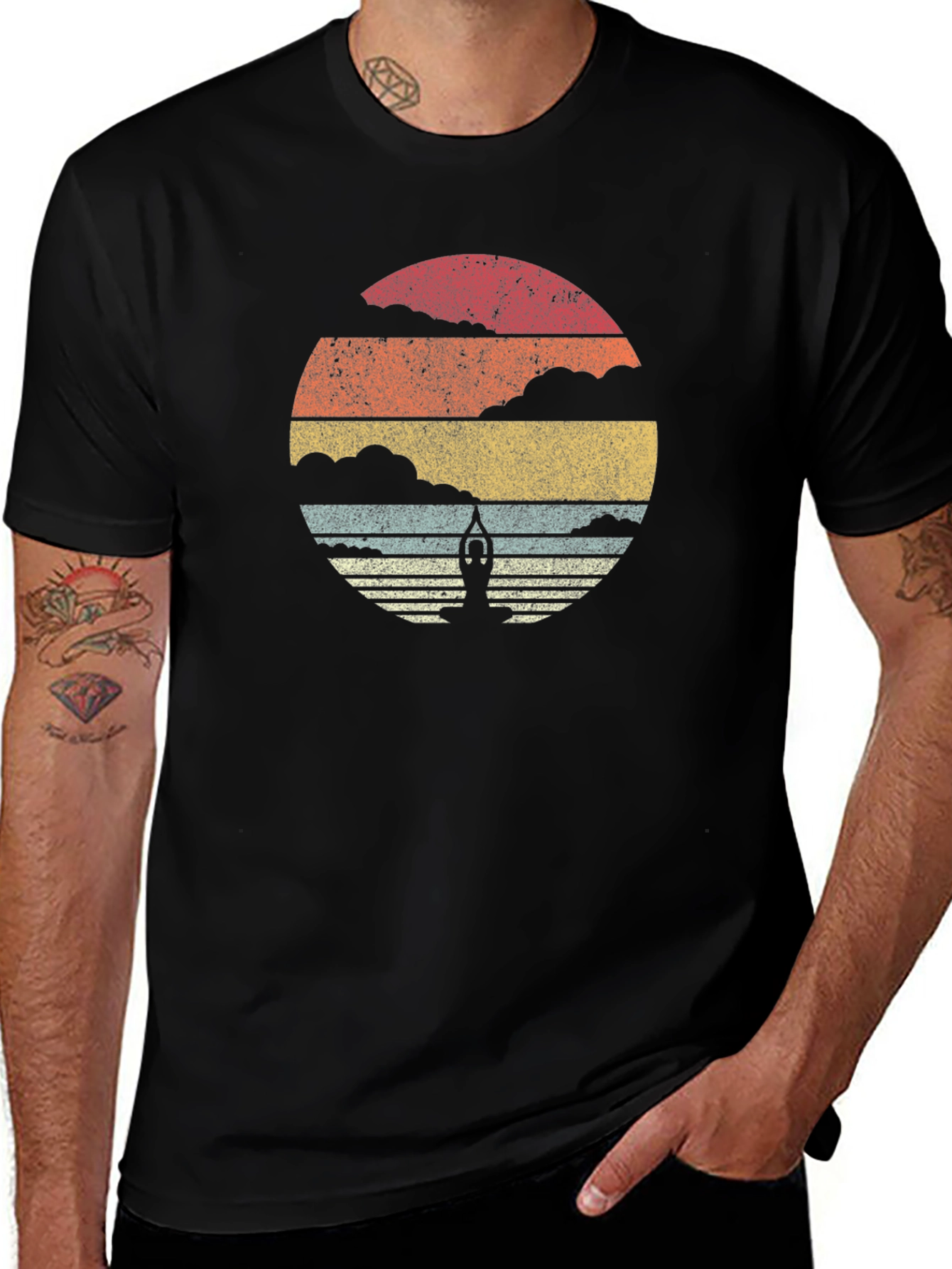 Retro Yoga Pose Sunset Graphic T-Shirt