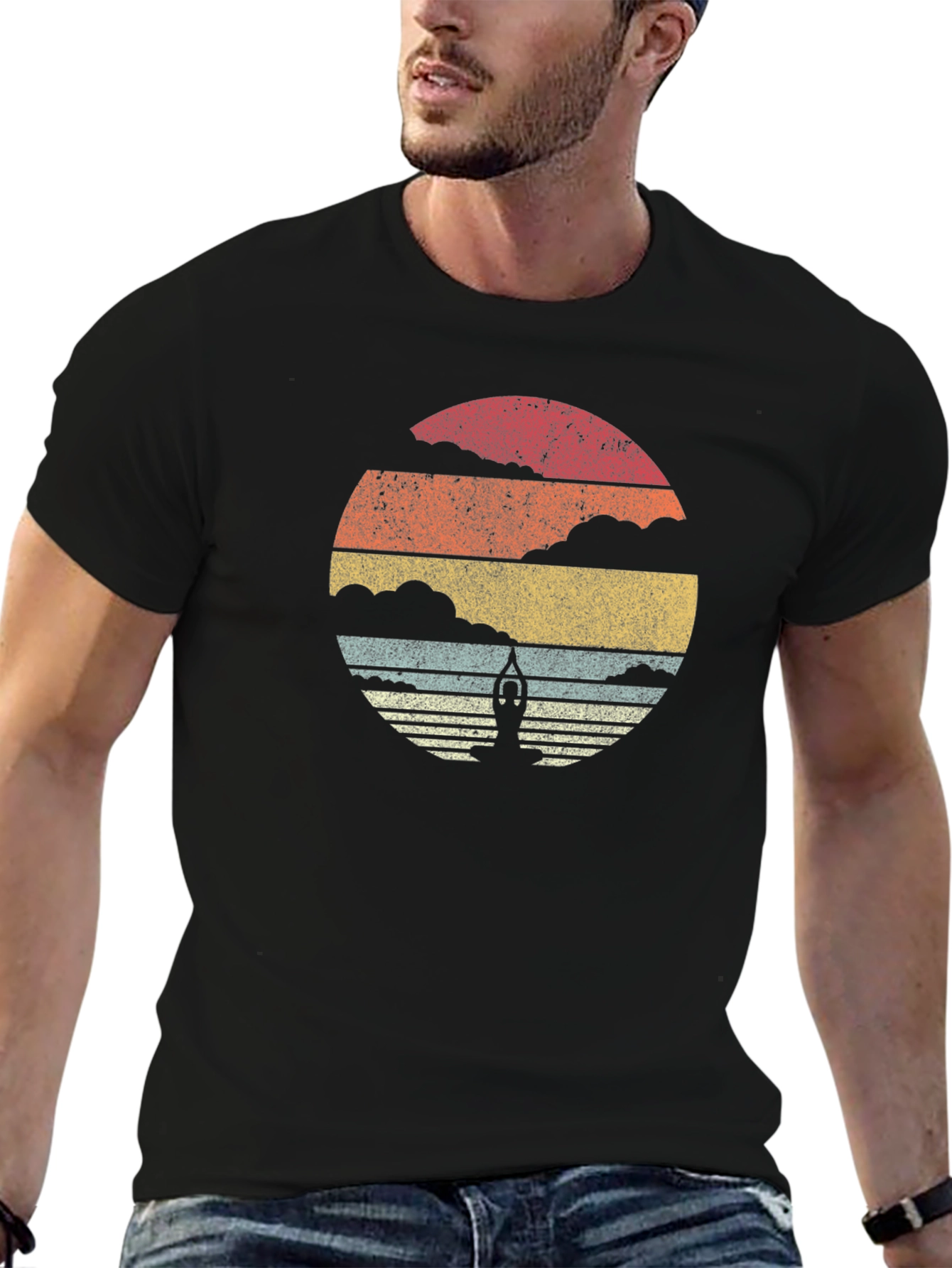 Retro Yoga Pose Sunset Graphic T-Shirt