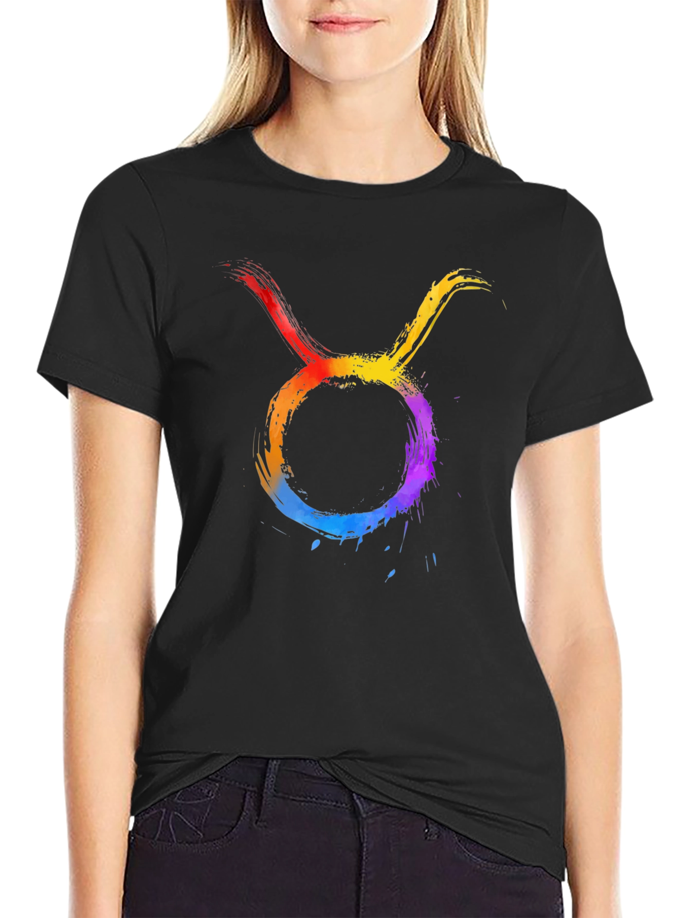 Rainbow Taurus Zodiac Graphic Tee - Black