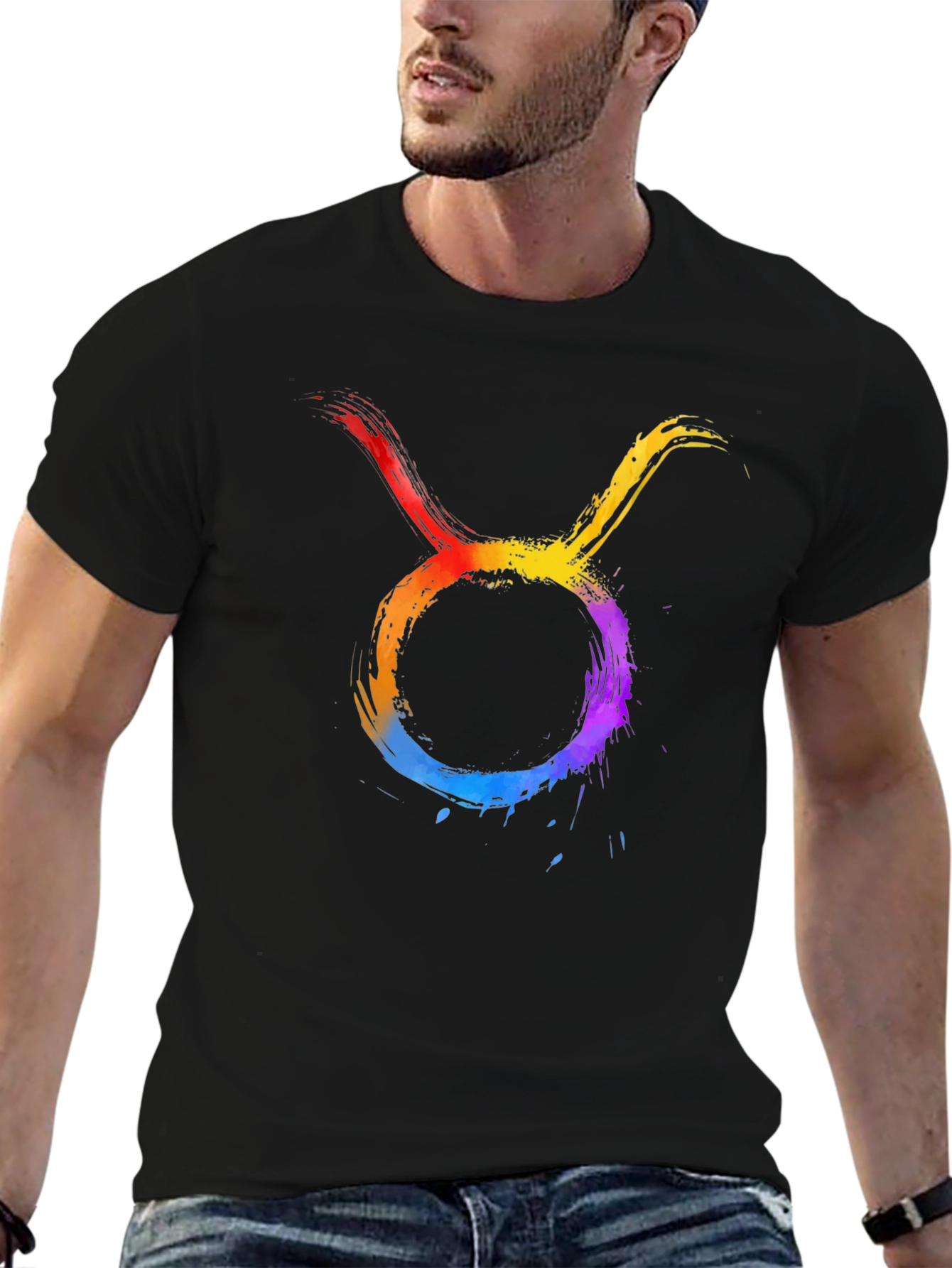 Rainbow Taurus Zodiac Graphic Tee - Black