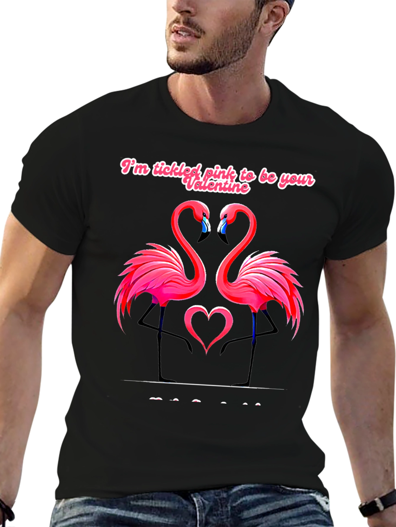 Tickled Pink Flamingo Valentines Black T-Shirt