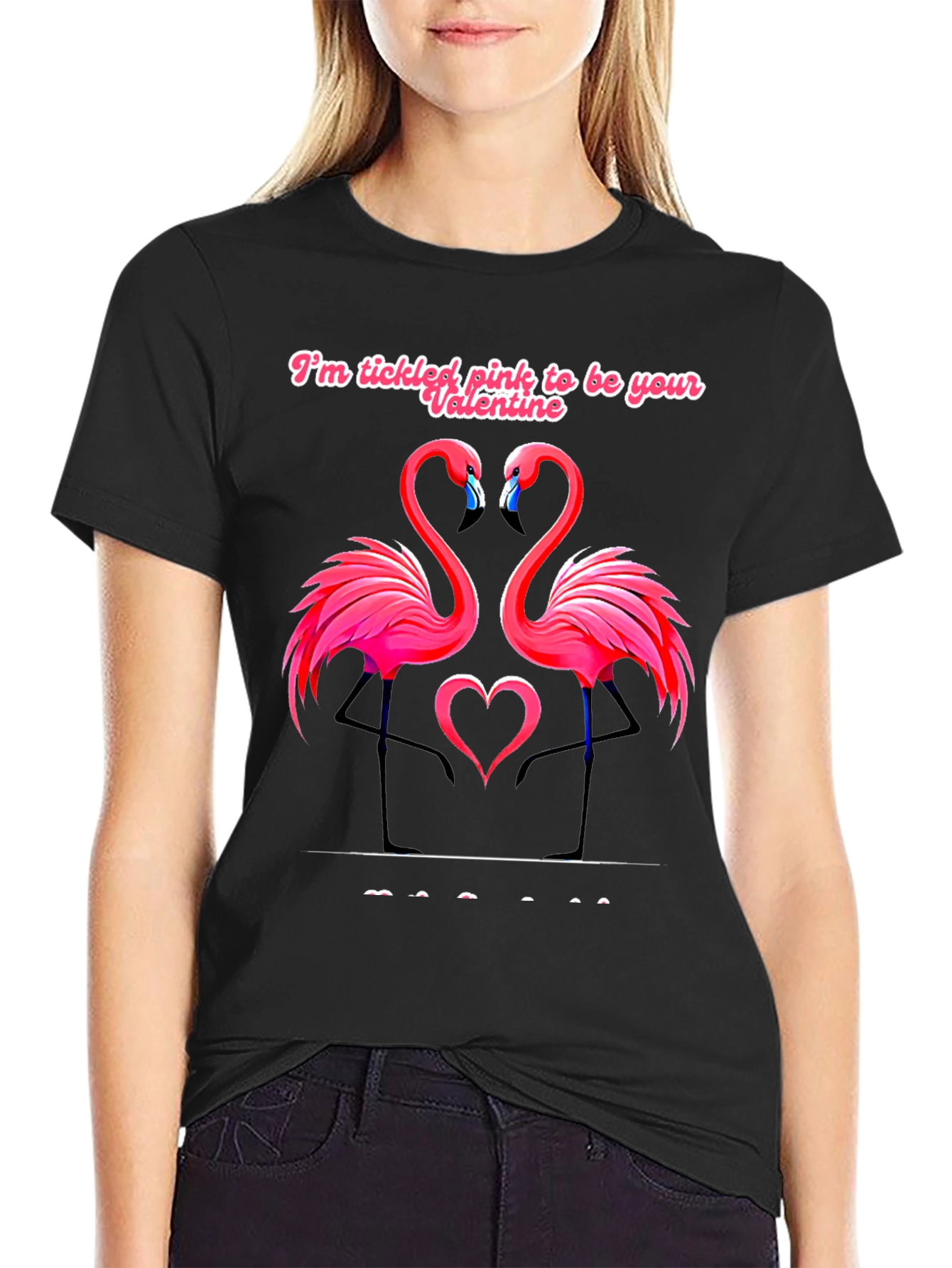Tickled Pink Flamingo Valentines Black T-Shirt