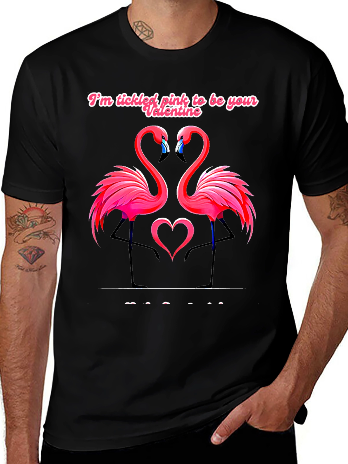 Tickled Pink Flamingo Valentines Black T-Shirt