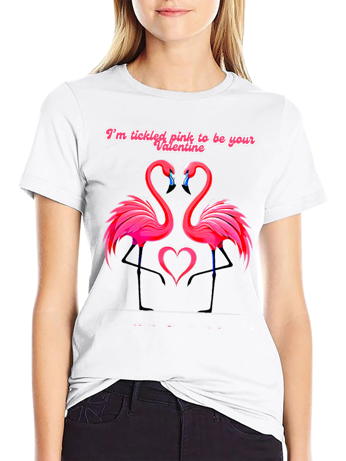 Tickled Pink Flamingo Valentines Black T-Shirt