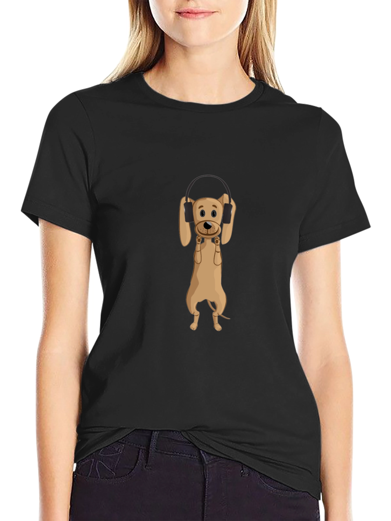 Dog Wearing Headphones Black T-Shirt