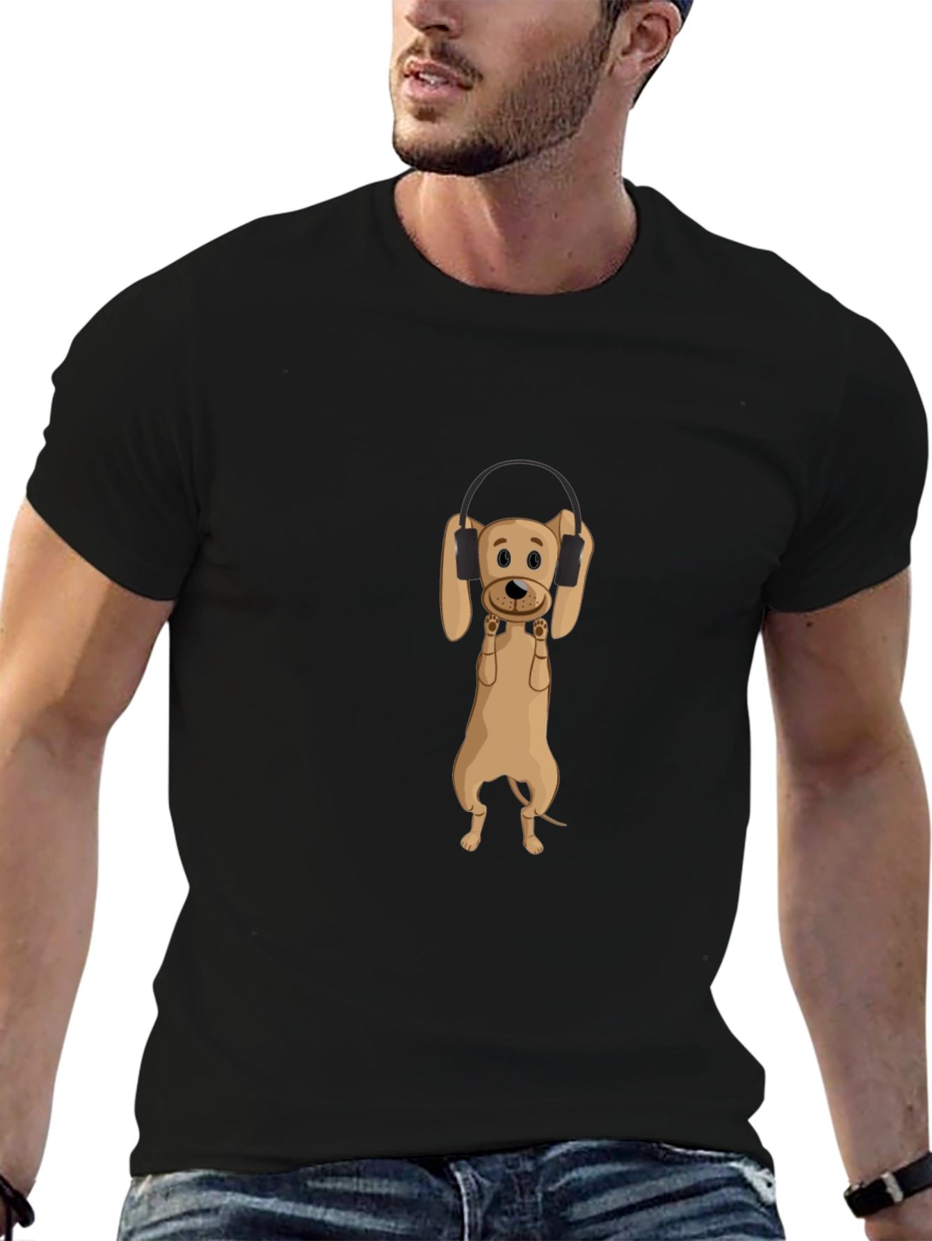 Dog Wearing Headphones Black T-Shirt