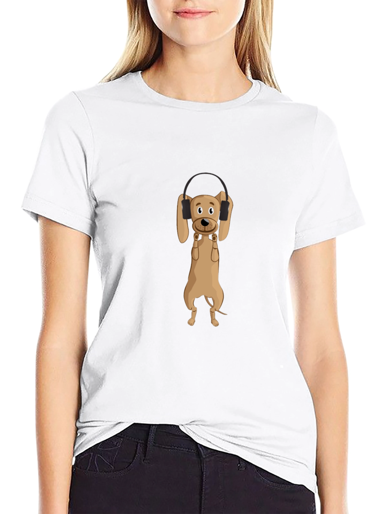 Dog Wearing Headphones Black T-Shirt