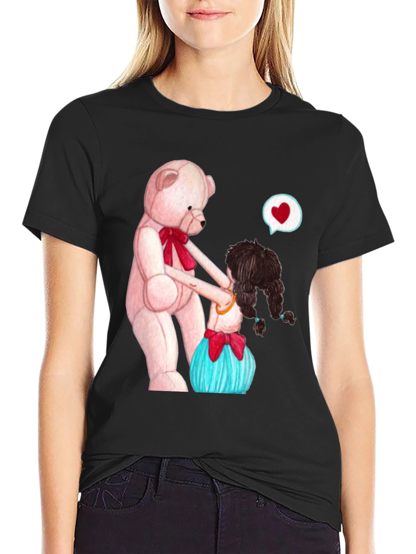 Cute Teddy Bear & Girl Black Graphic Tee
