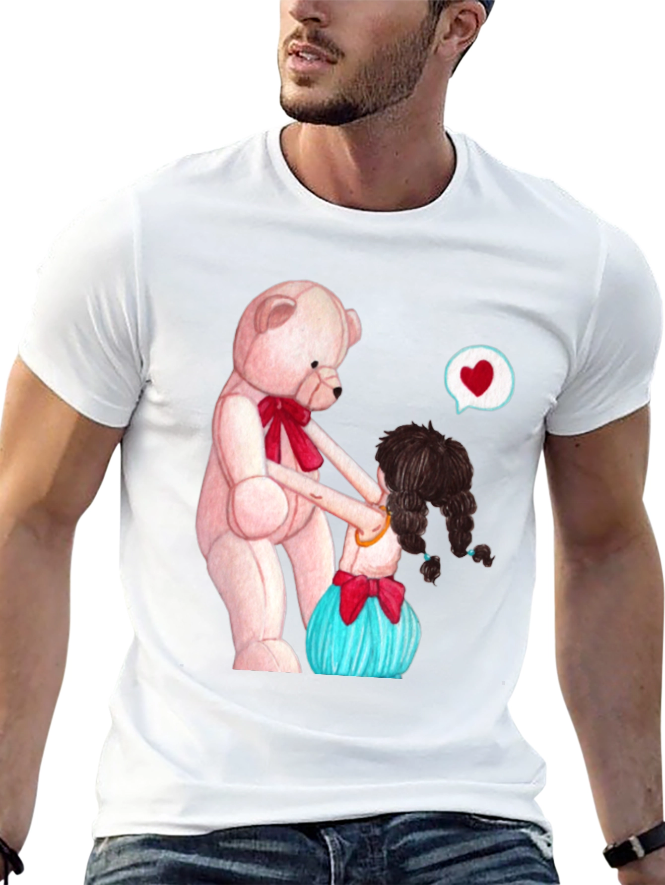 Cute Teddy Bear & Girl Black Graphic Tee