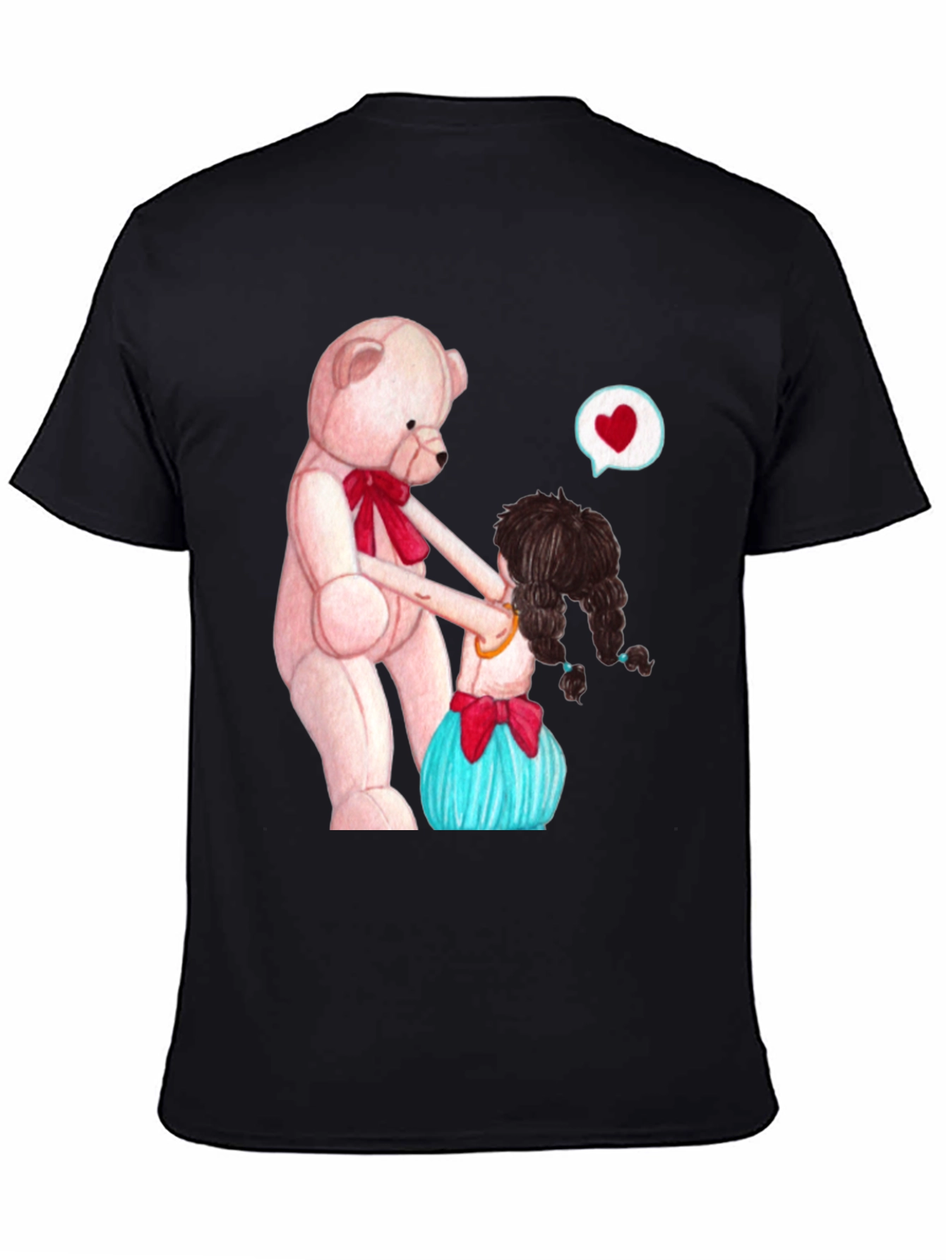 Cute Teddy Bear & Girl Black Graphic Tee