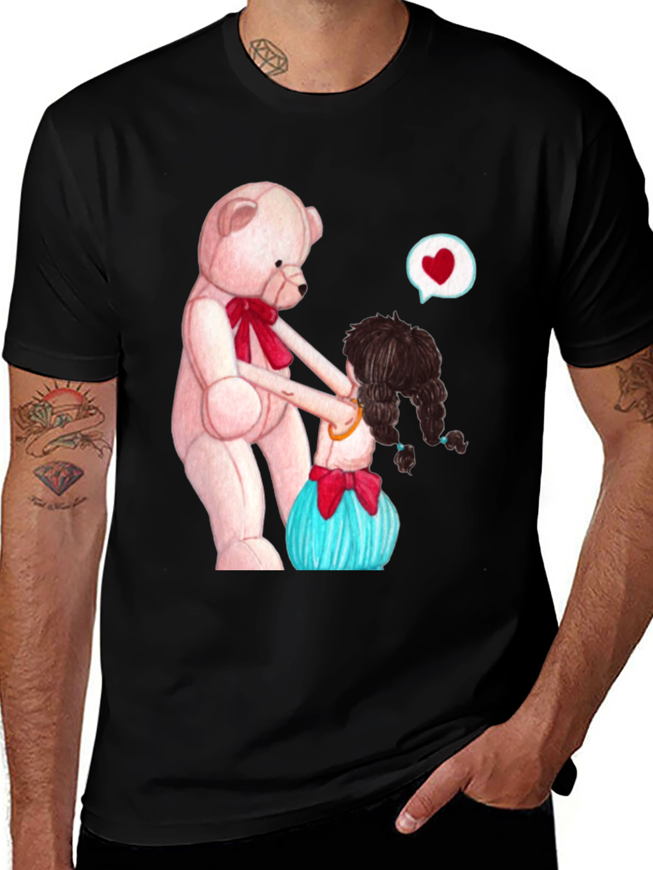 Cute Teddy Bear & Girl Black Graphic Tee