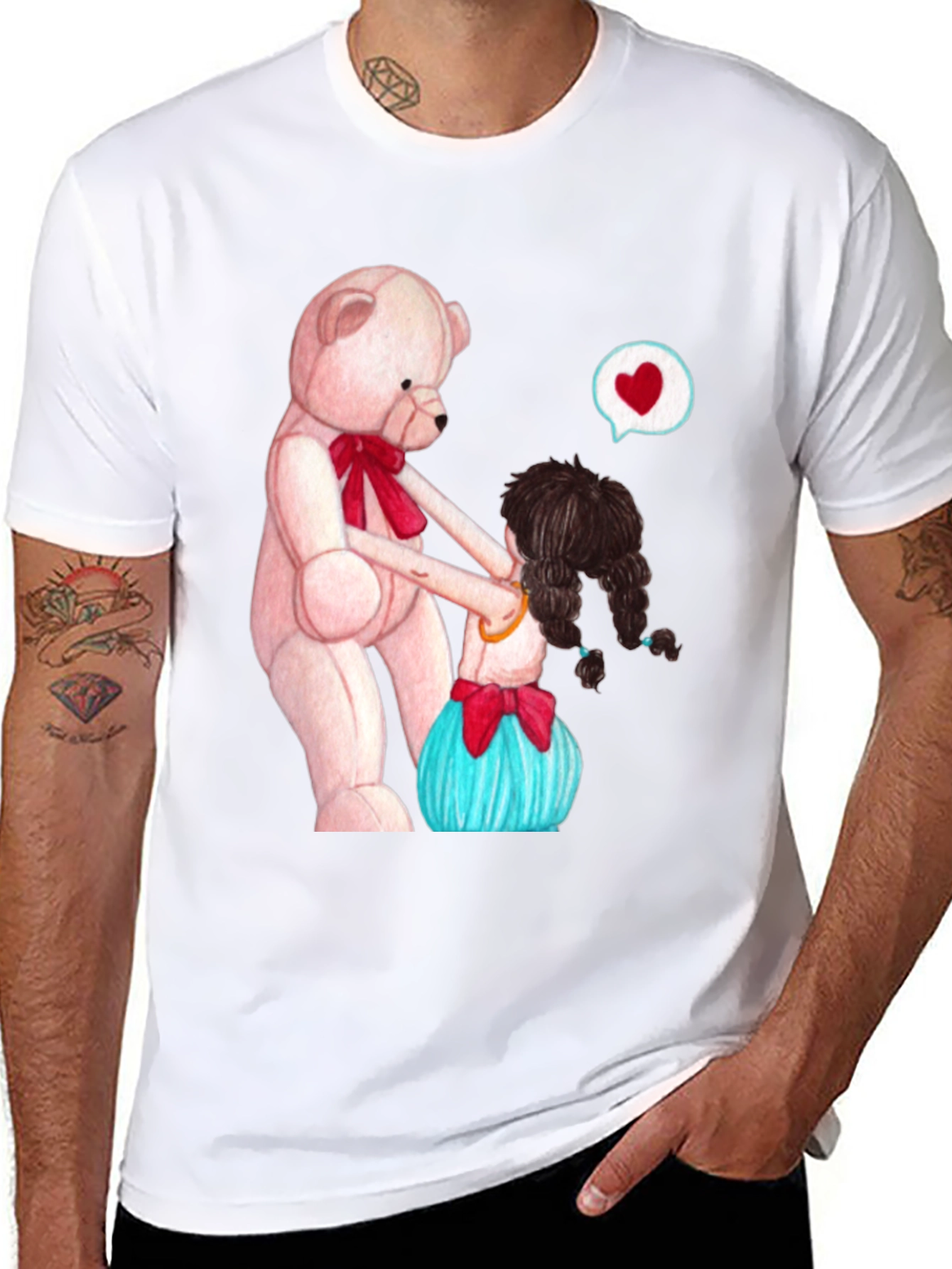 Cute Teddy Bear & Girl Black Graphic Tee