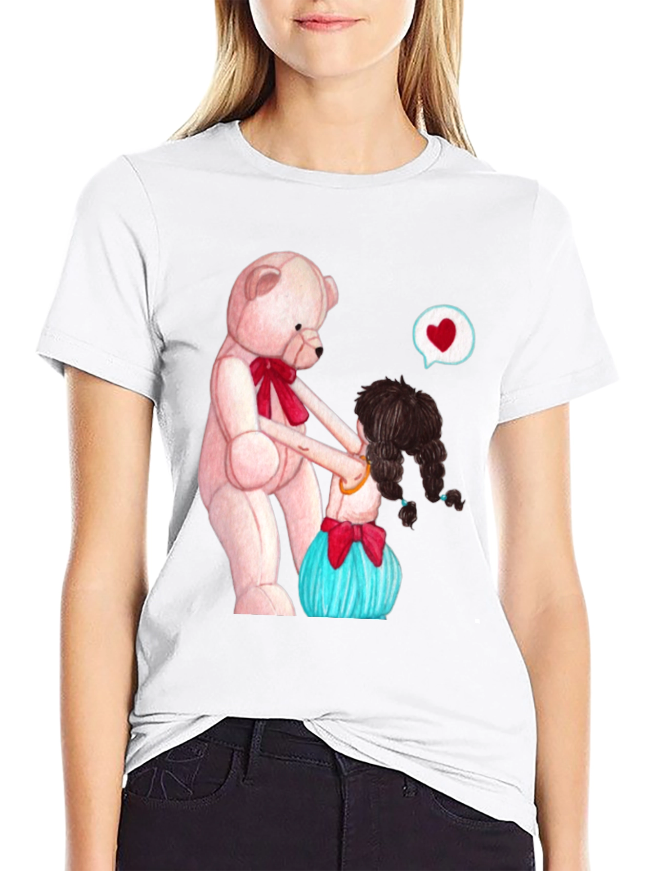 Cute Teddy Bear & Girl Black Graphic Tee