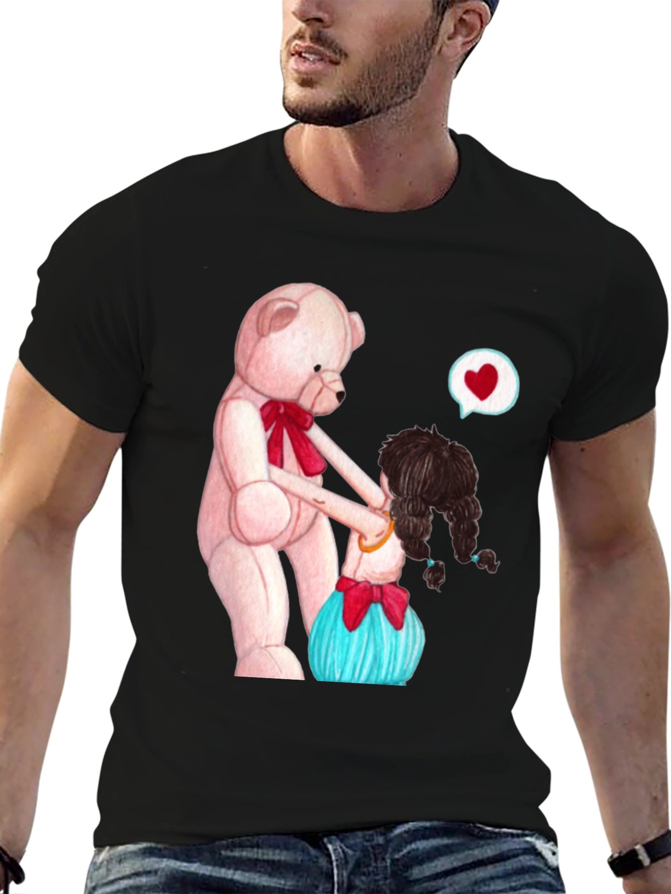 Cute Teddy Bear & Girl Black Graphic Tee