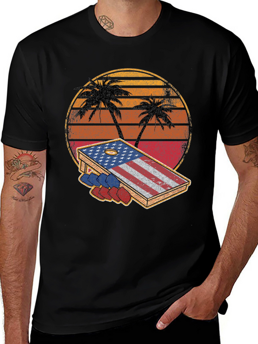 Retro Cornhole T-Shirt - Palm Trees and American Flag Design