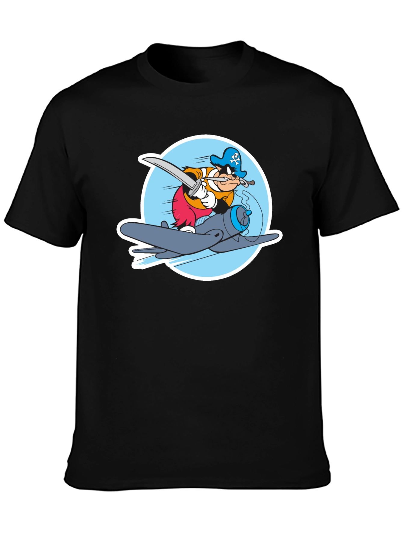 Cartoon Pirate Plane Black T-Shirt
