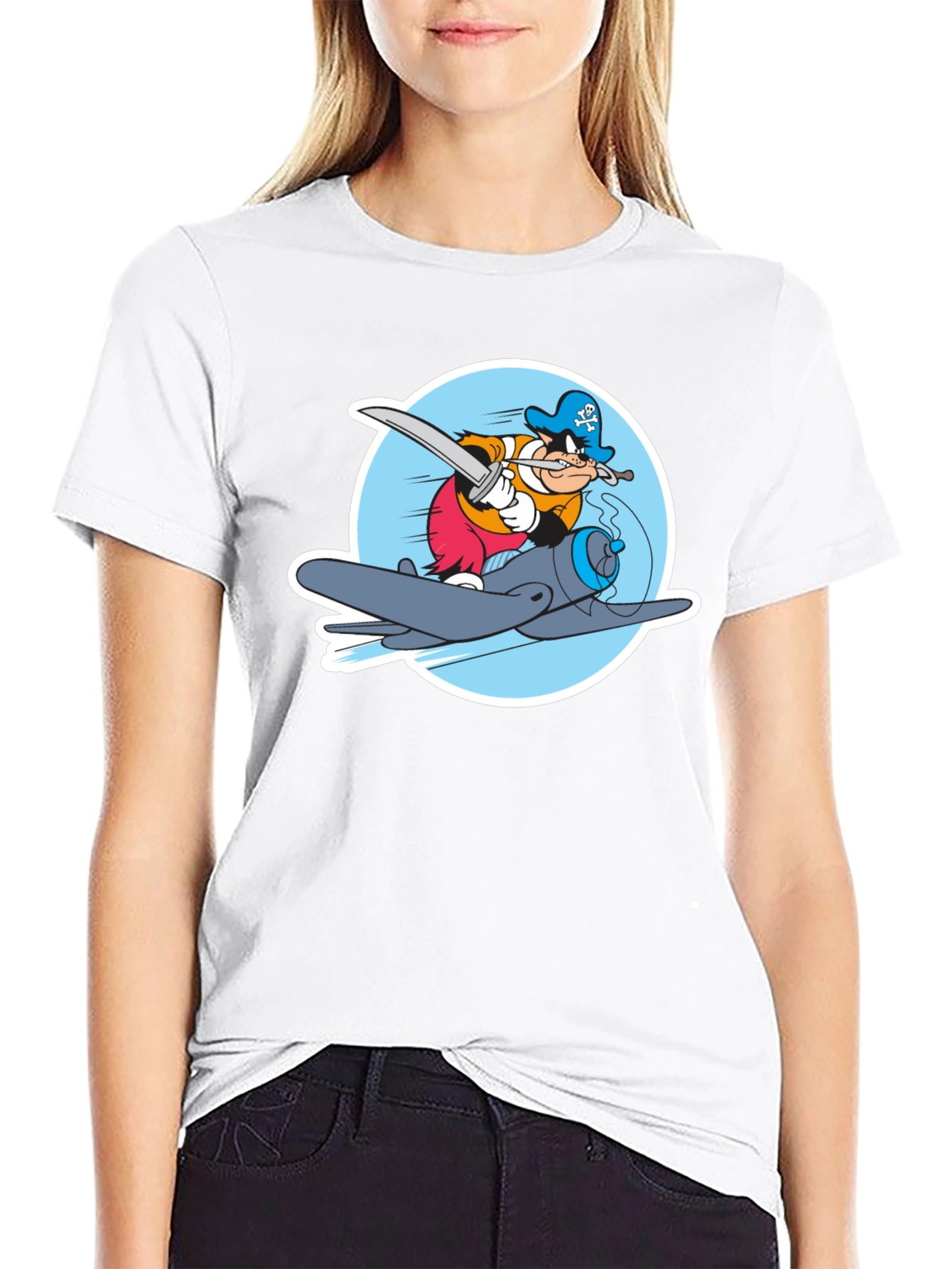 Cartoon Pirate Plane Black T-Shirt