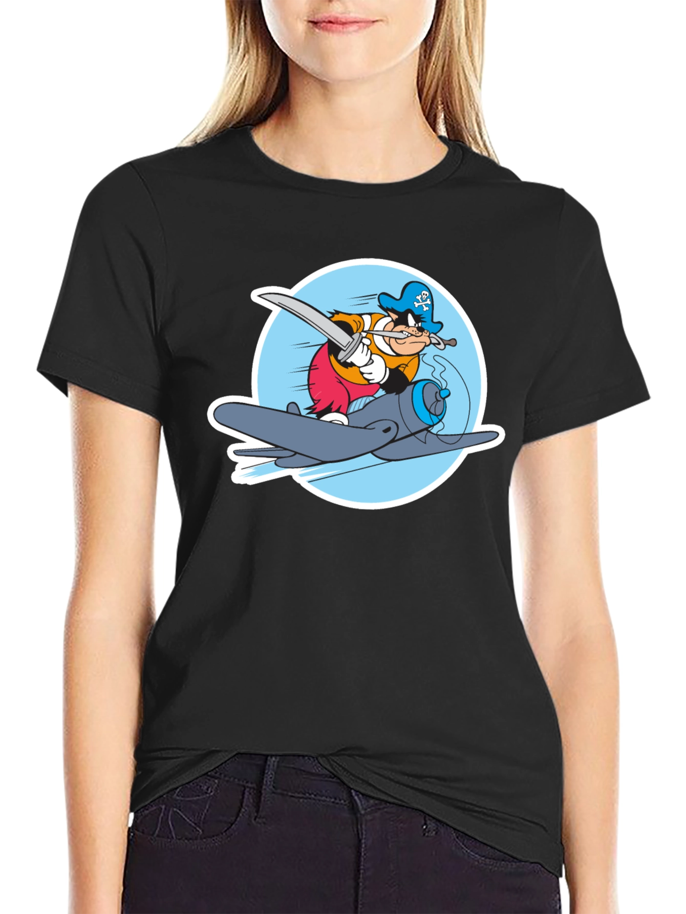 Cartoon Pirate Plane Black T-Shirt