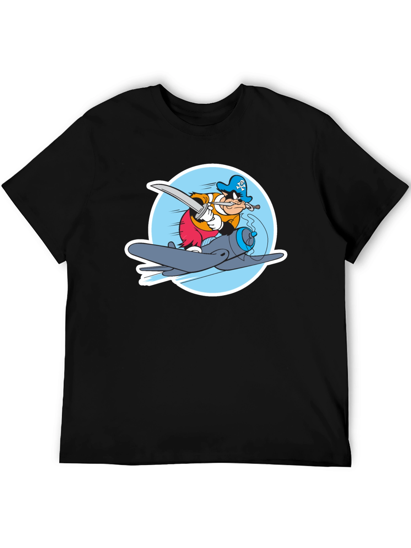 Cartoon Pirate Plane Black T-Shirt